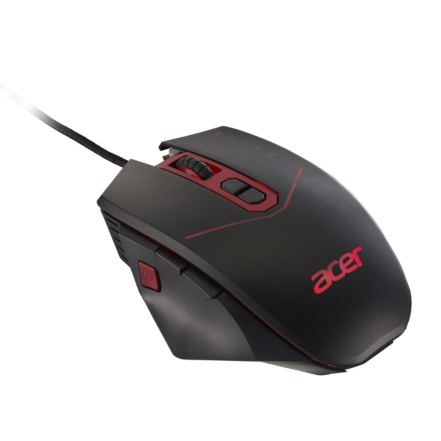 Mouse da gioco nero e rosso con logo Acer. Cavo nero. Sfondo bianco.