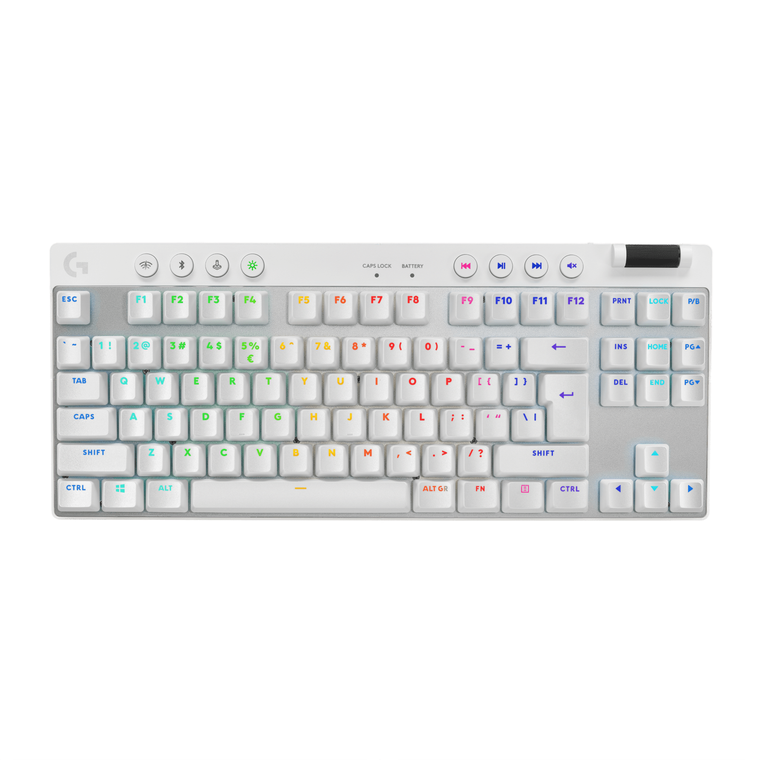 Teclado blanco con teclas negras. Tiene un logotipo 'G' y teclas de función en la parte superior.