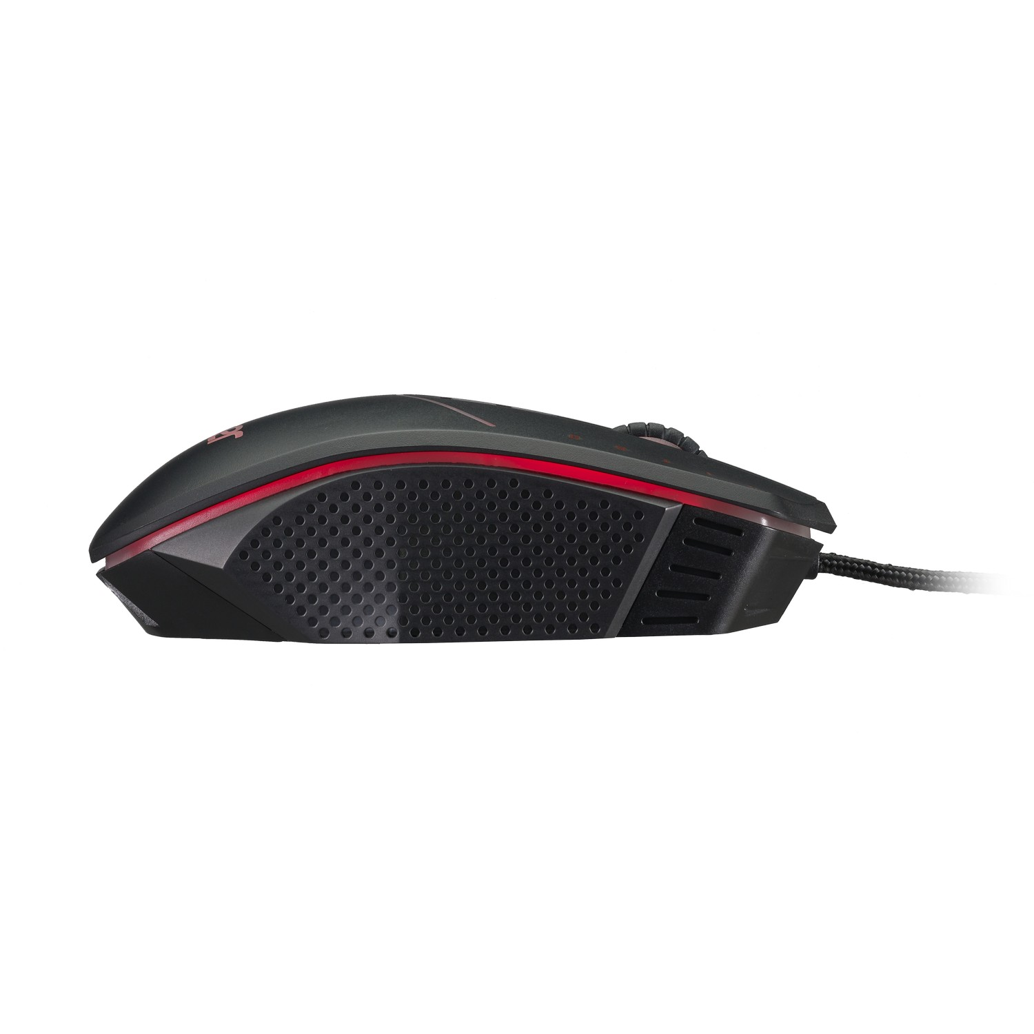 Un mouse da gioco nero con dettagli rossi, visto lateralmente.