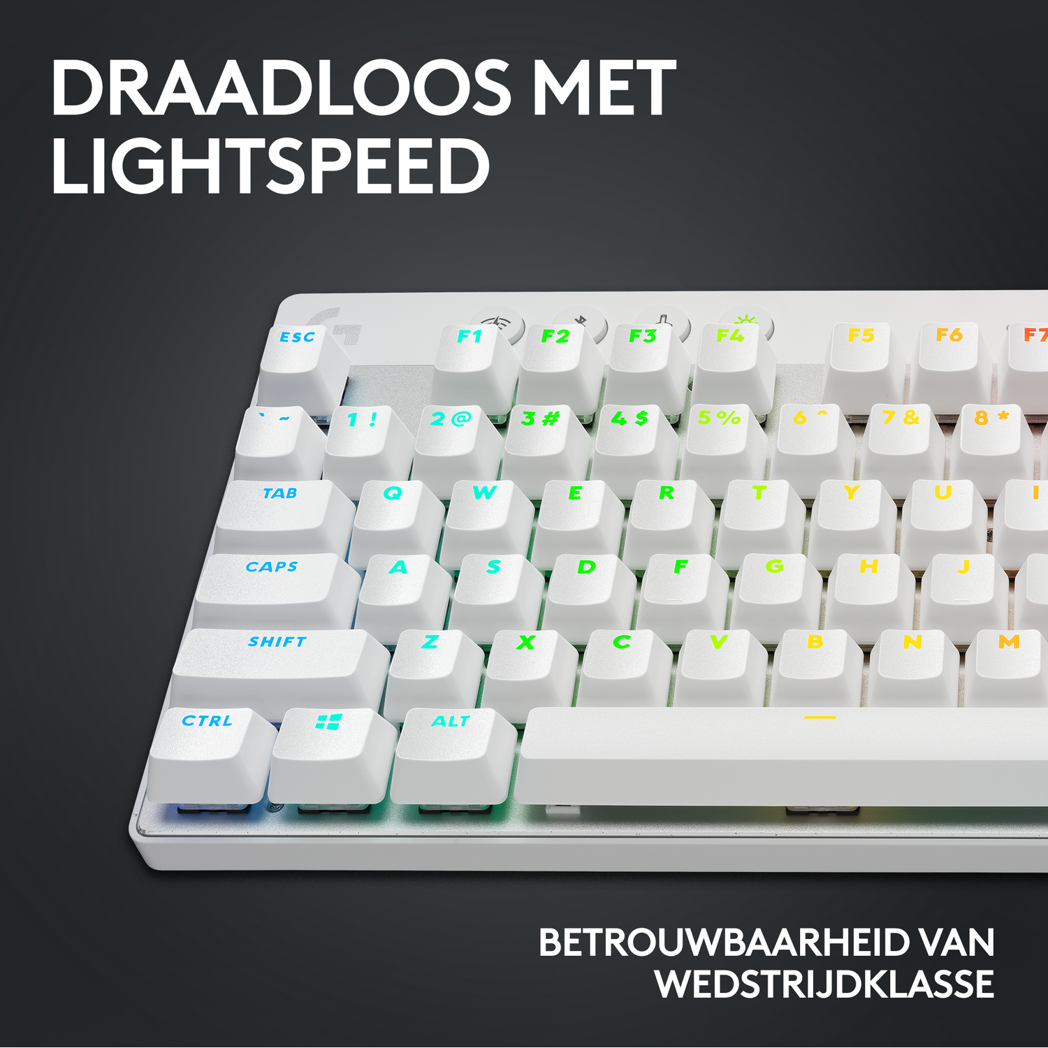 Primer plano de un teclado blanco con letras y números en color. Texto: DRAADLOOS MET LIGHTSPEED.