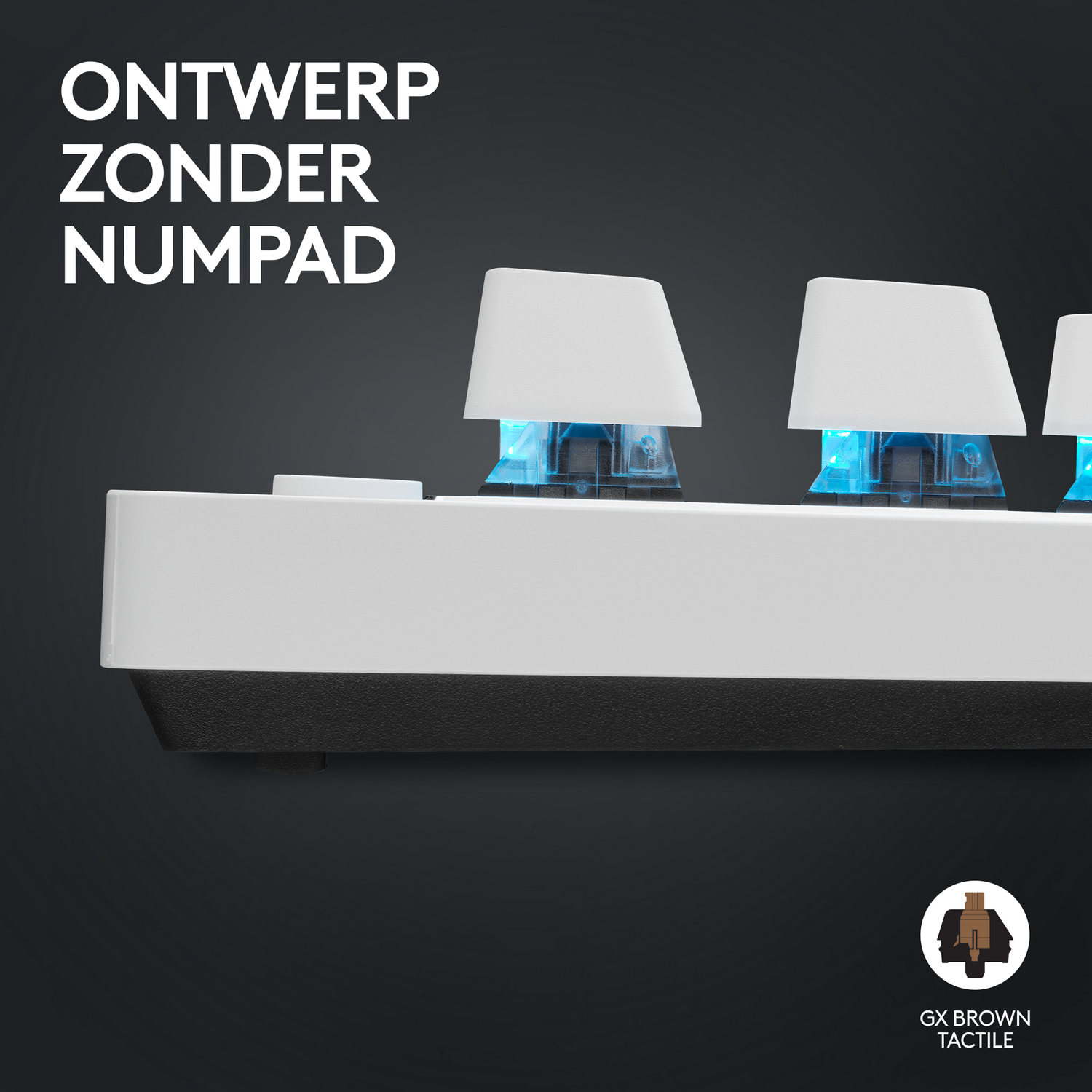 Primer plano de un teclado blanco y negro. Tiene luz azul debajo de las teclas.