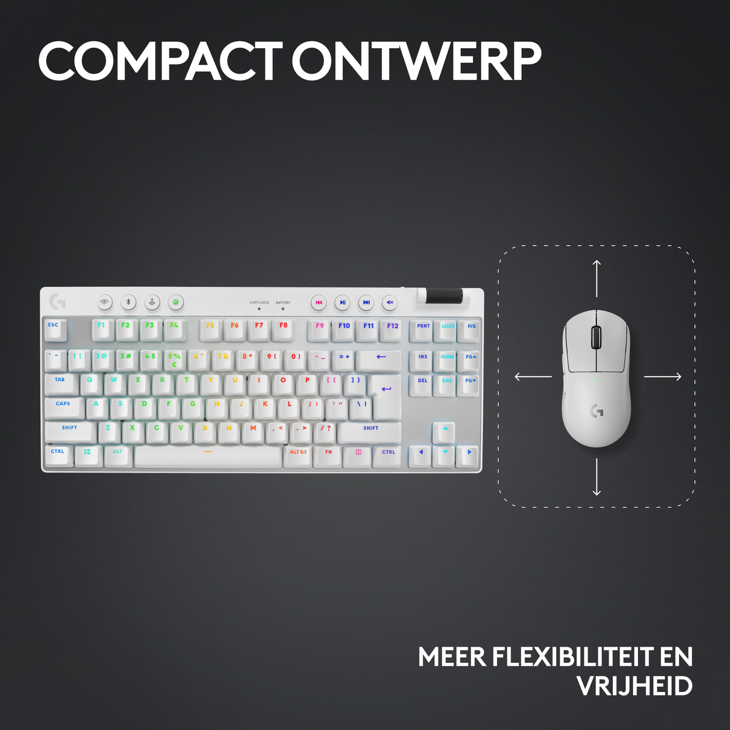 Teclado y ratón blancos. Teclado con teclas coloridas. Texto: 'COMPACT ONTWERP', 'MEER FLEXIBILITEIT EN VRIJHEID'.