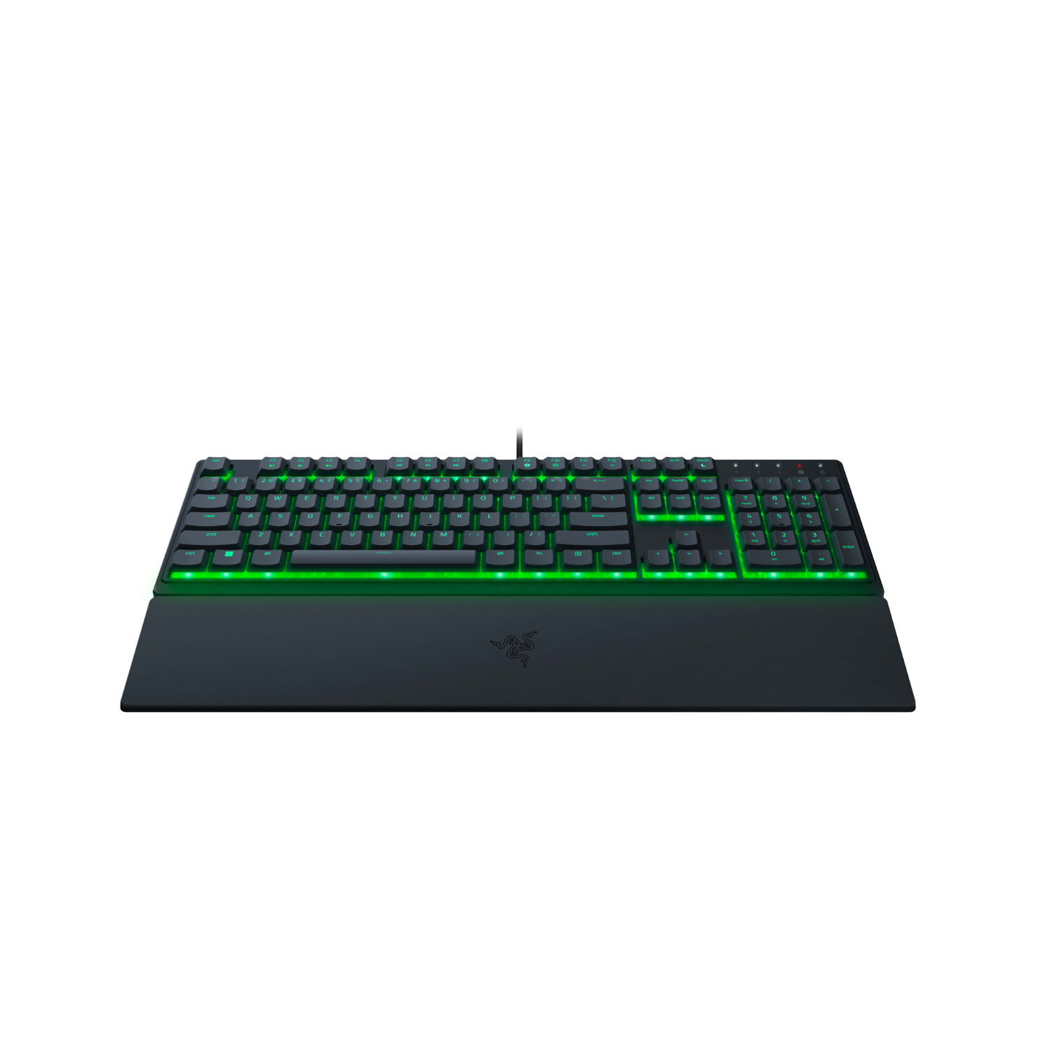 Czarna klawiatura z zielonym podświetleniem klawiszy i podpórką pod nadgarstki, logo Razer.