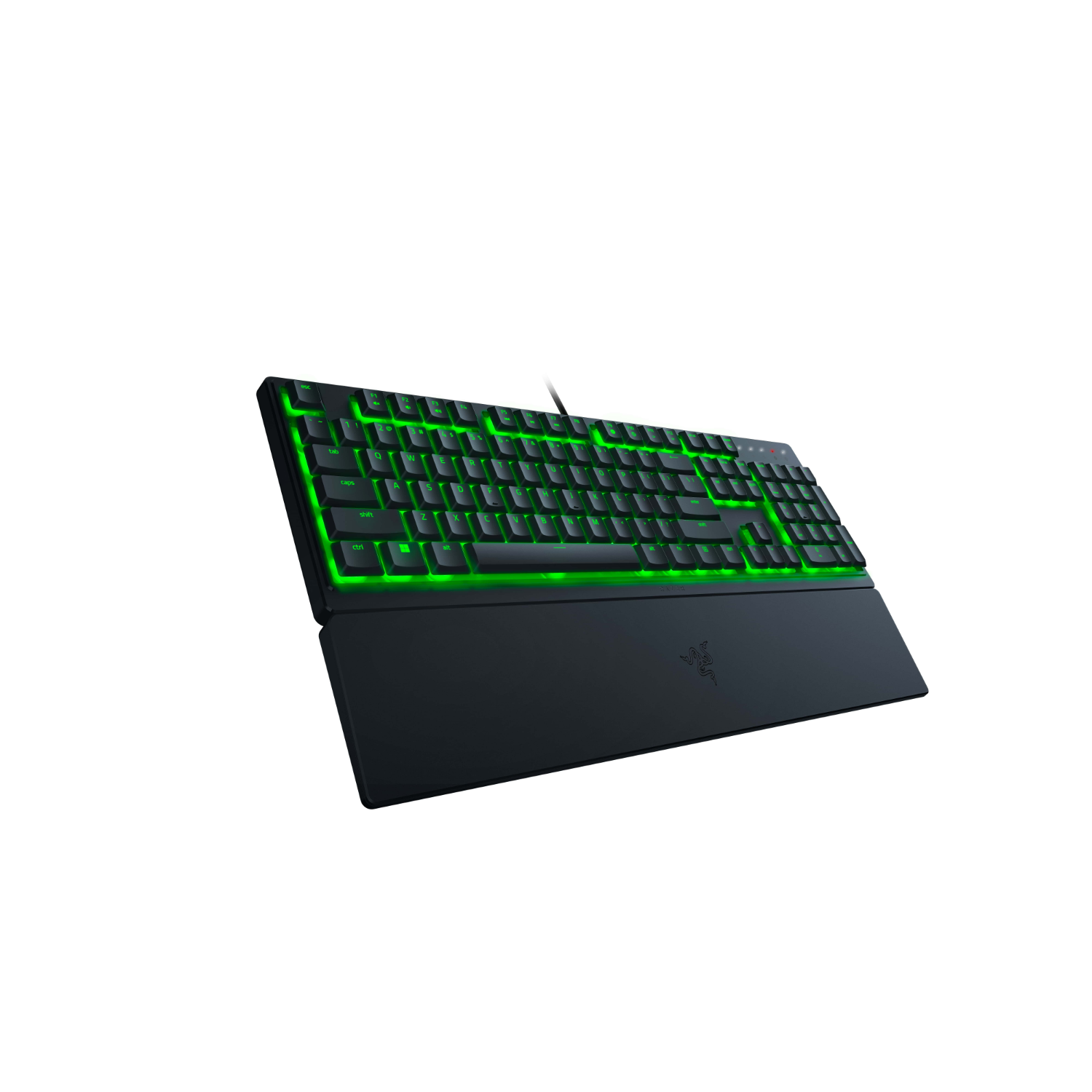 Czarna klawiatura do gier z zielonymi światłami LED i podpórką pod nadgarstki.