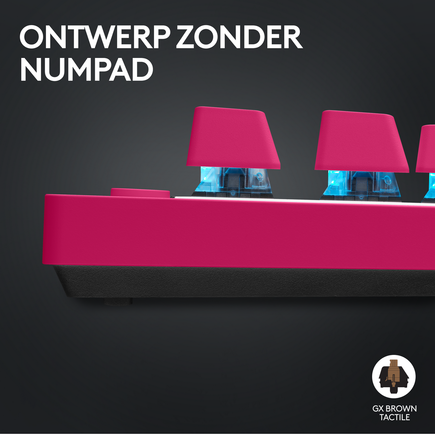 Klawiatura z różowymi klawiszami i czarną ramą, z tekstem 'ONTWERP ZONDER NUMPAD'.