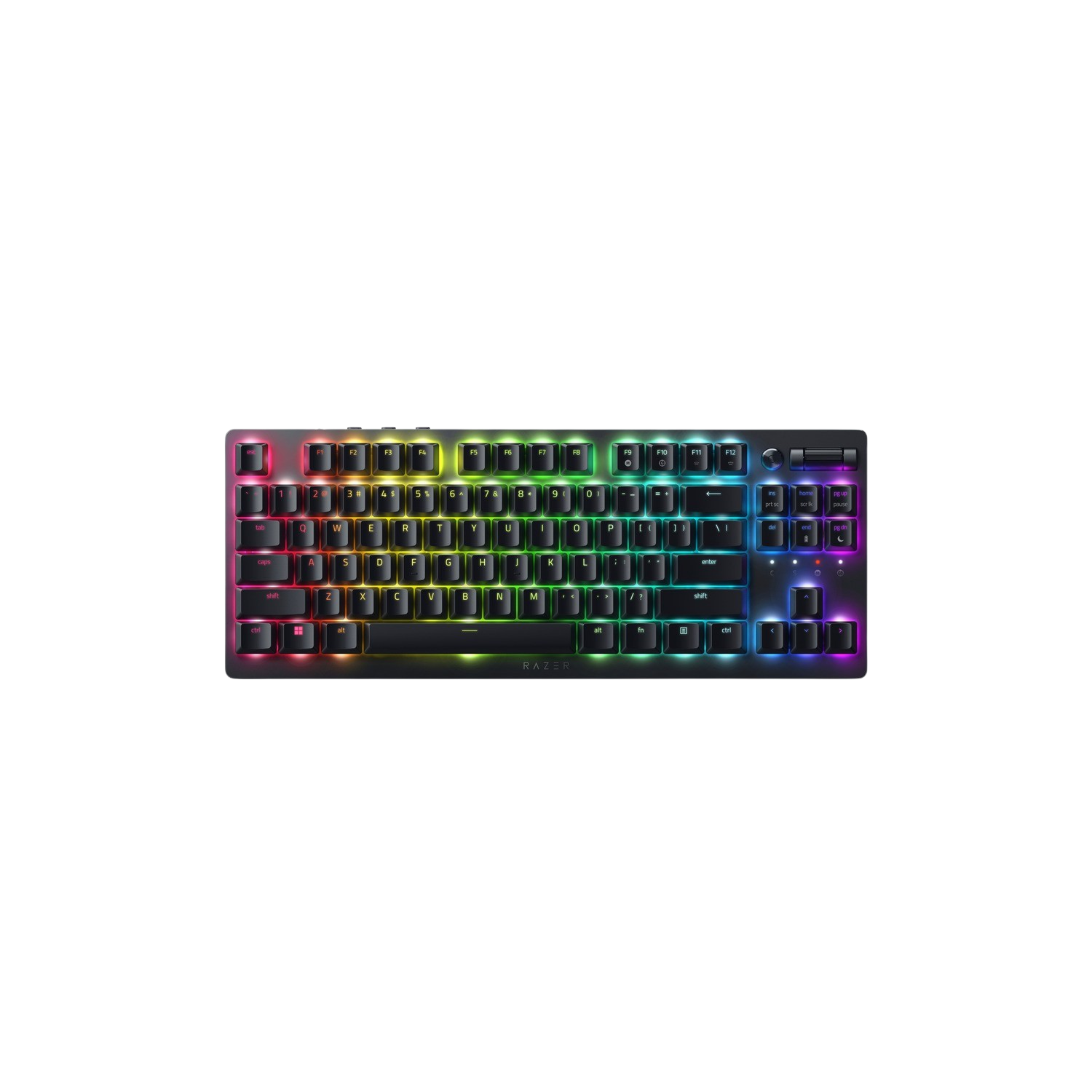 Una tastiera nera con tasti multicolore. È su una superficie scura. Il marchio è Razer.