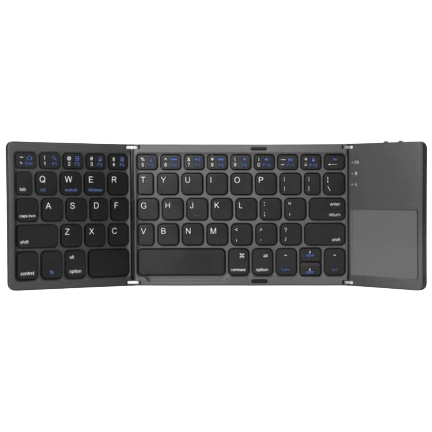 Opvouwbaar grijs toetsenbord met een ingebouwd touchpad. Het toetsenbord is open en klaar voor gebruik.