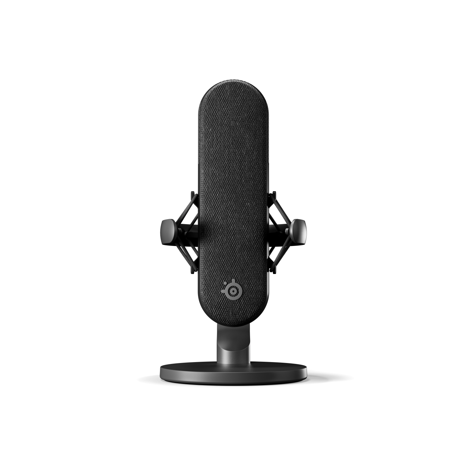 Schwarzes SteelSeries Mikrofon auf einem Ständer. Isoliert auf weißem Hintergrund.