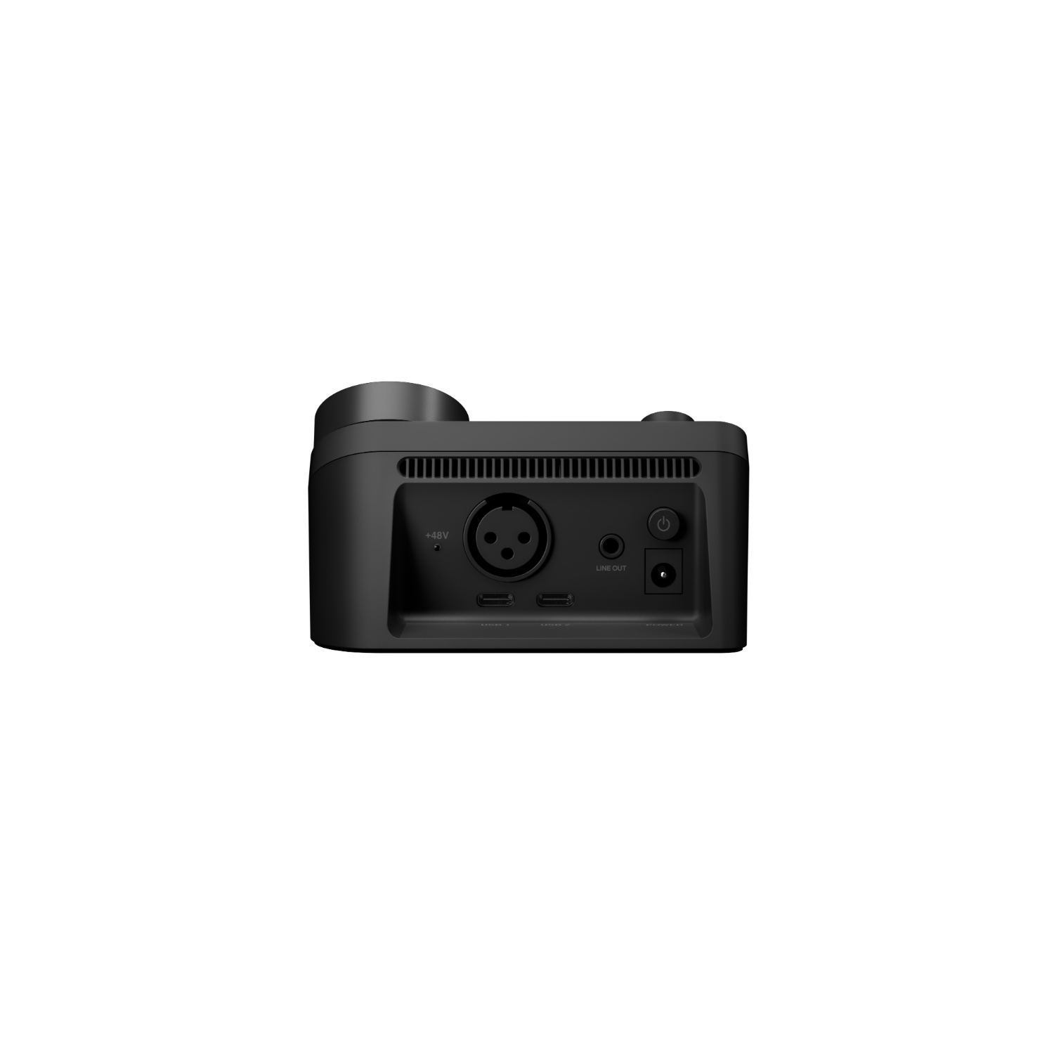 Die Rückseite eines schwarzen Audiointerfaces. Es hat XLR-, USB- und Stromanschlüsse.