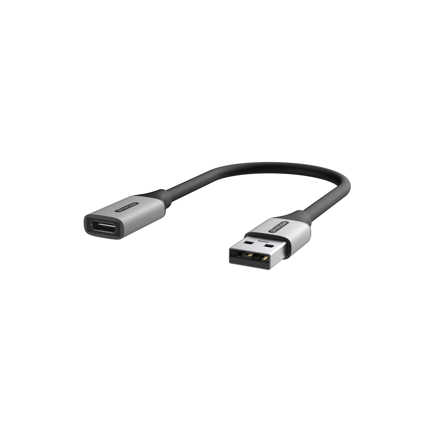 Silbernes USB-C-zu-USB-A-Adapterkabel. Schwarzes Kabel, graue Anschlüsse.