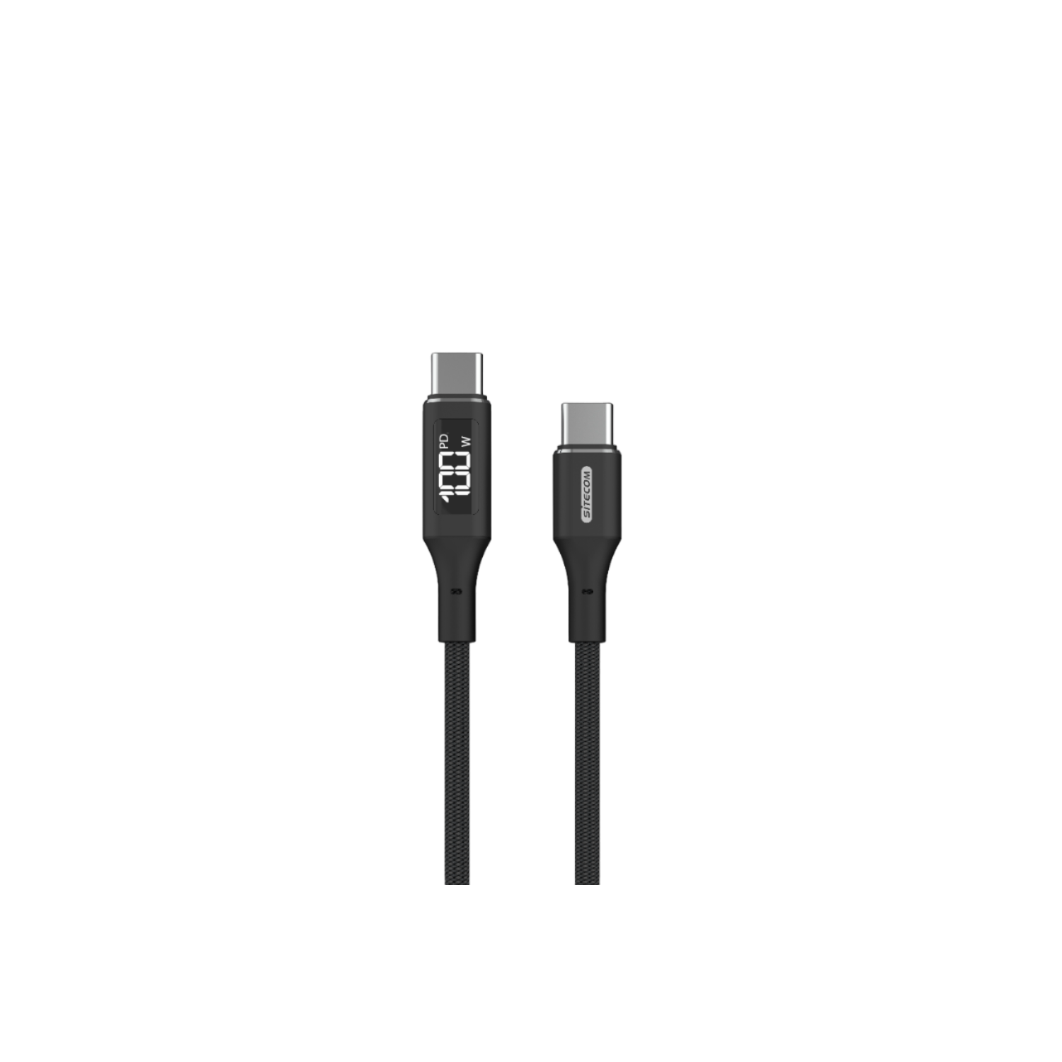 Cavo USB-C nero con marcatura 100W. Branding SITECOM, isolato su nero.