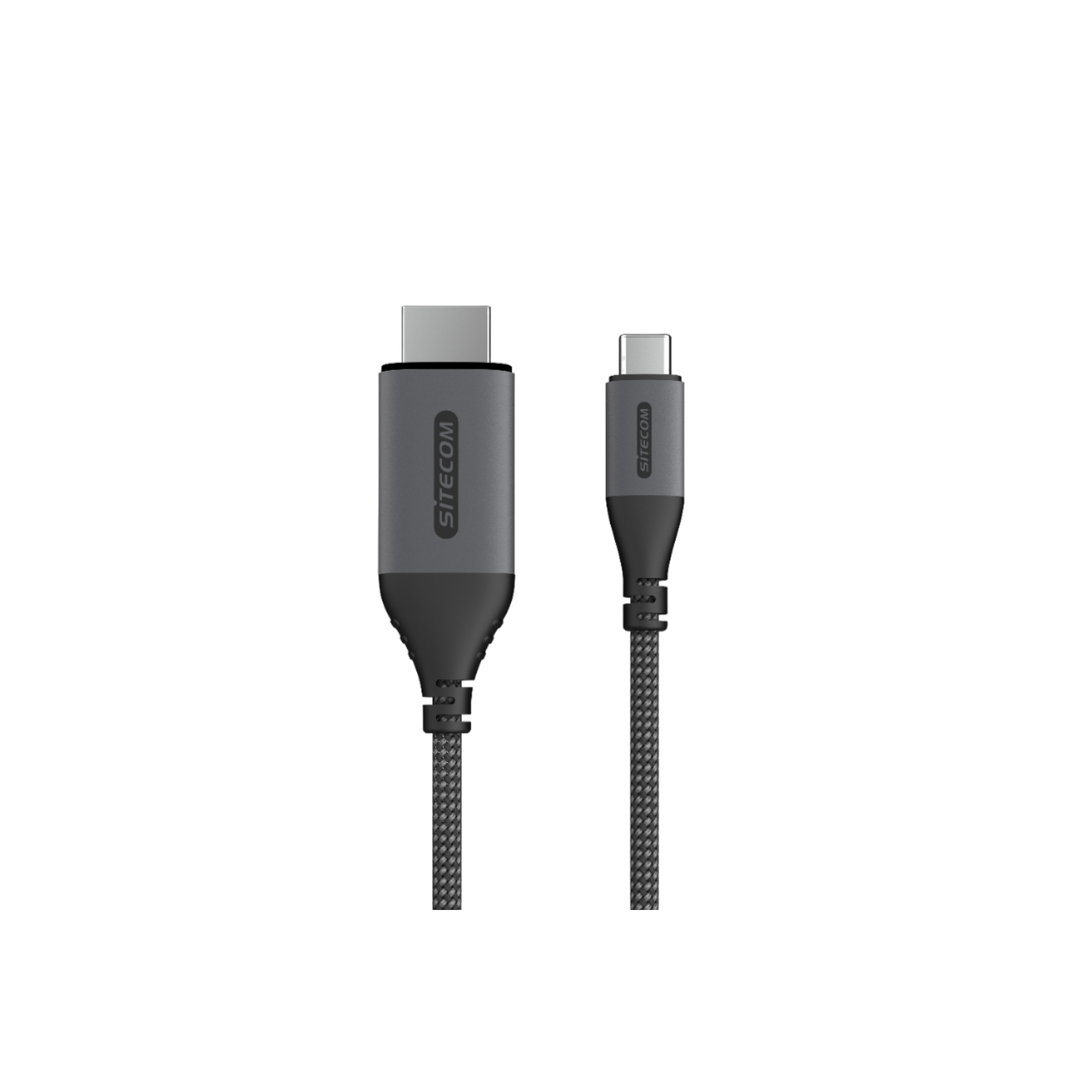 Due cavi USB-C grigi, uno collegato. Entrambi hanno il marchio SITECOM. Sfondo nero.