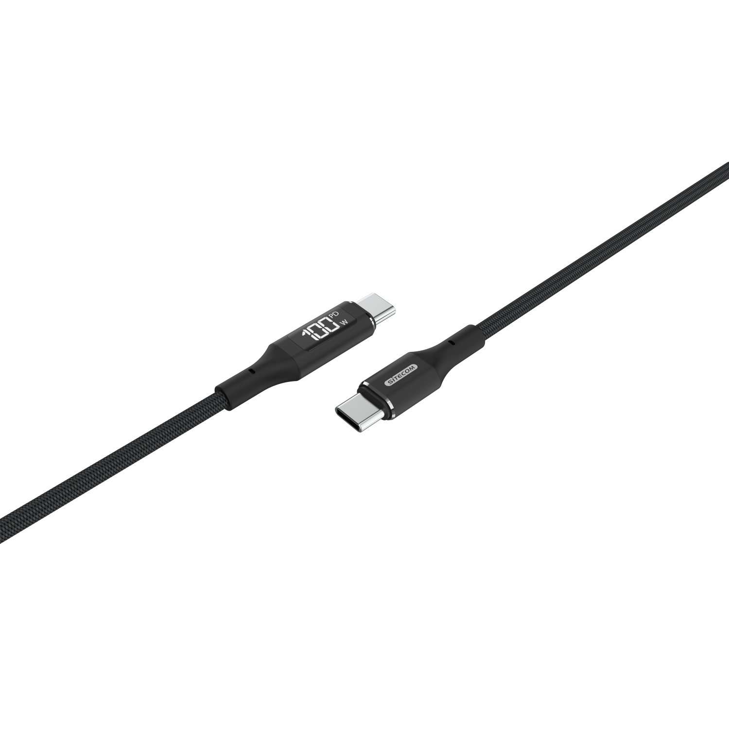 Un cavo USB-C nero che mostra un display digitale.