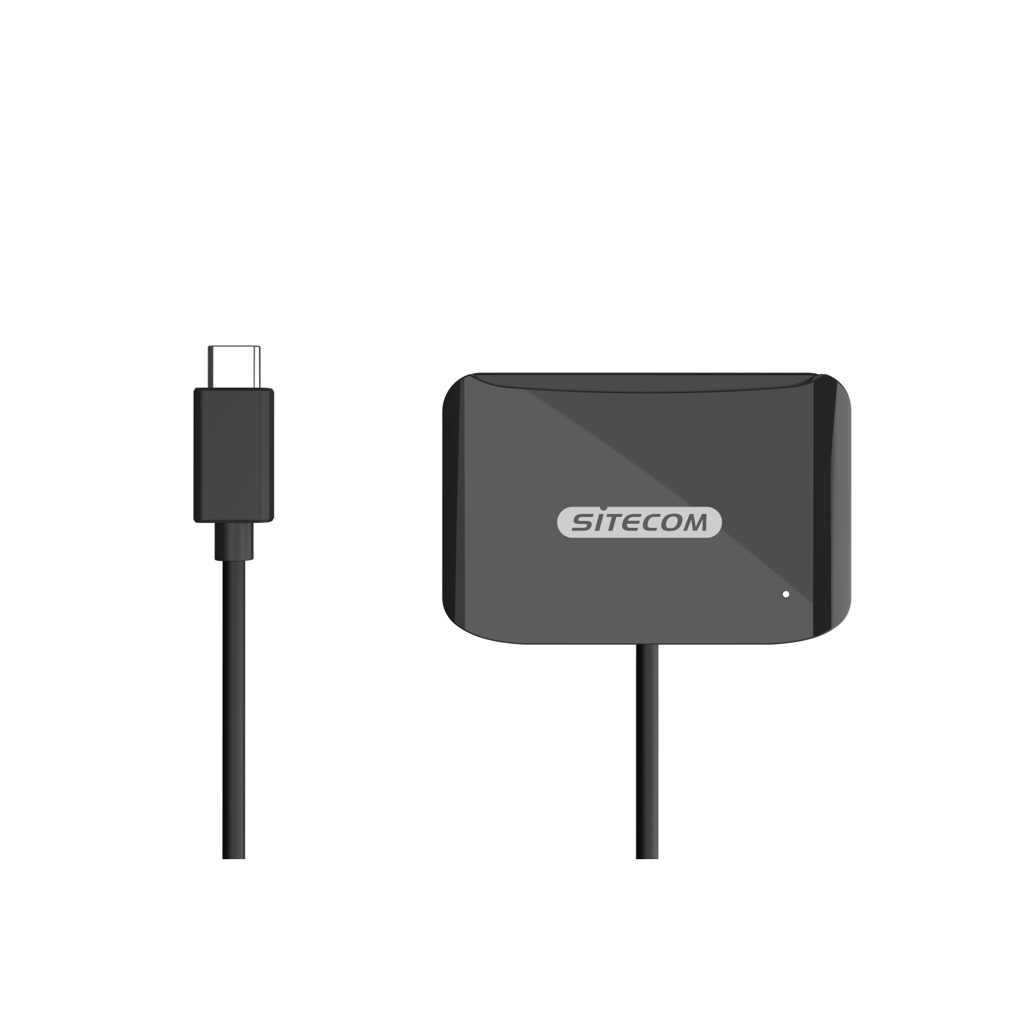 Schwarzes SITECOM-Kartenlesegerät mit USB-C-Kabel auf schwarzem Hintergrund.