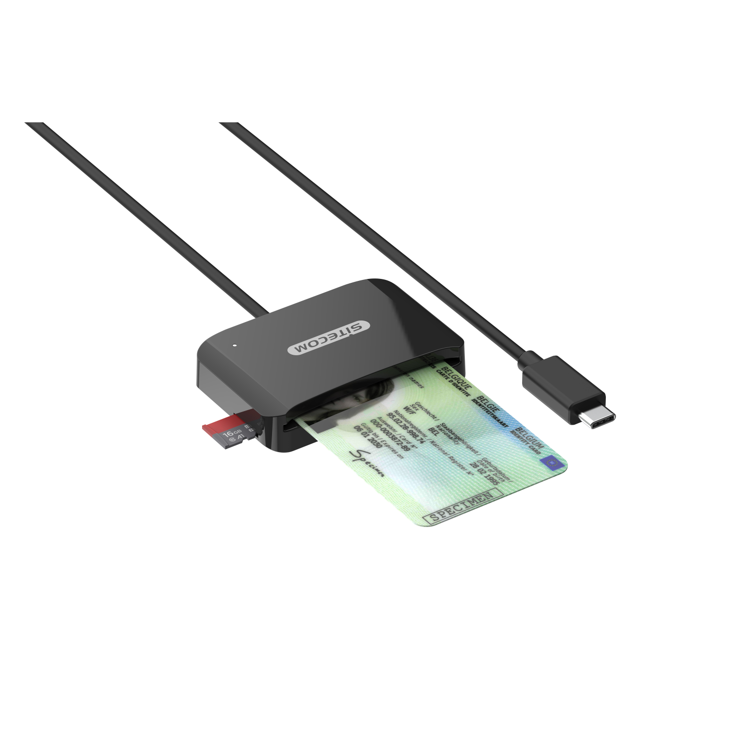 Schwarzes SITECOM-Kartenlesegerät mit SD-Karte und Ausweis, USB-C-Kabel.