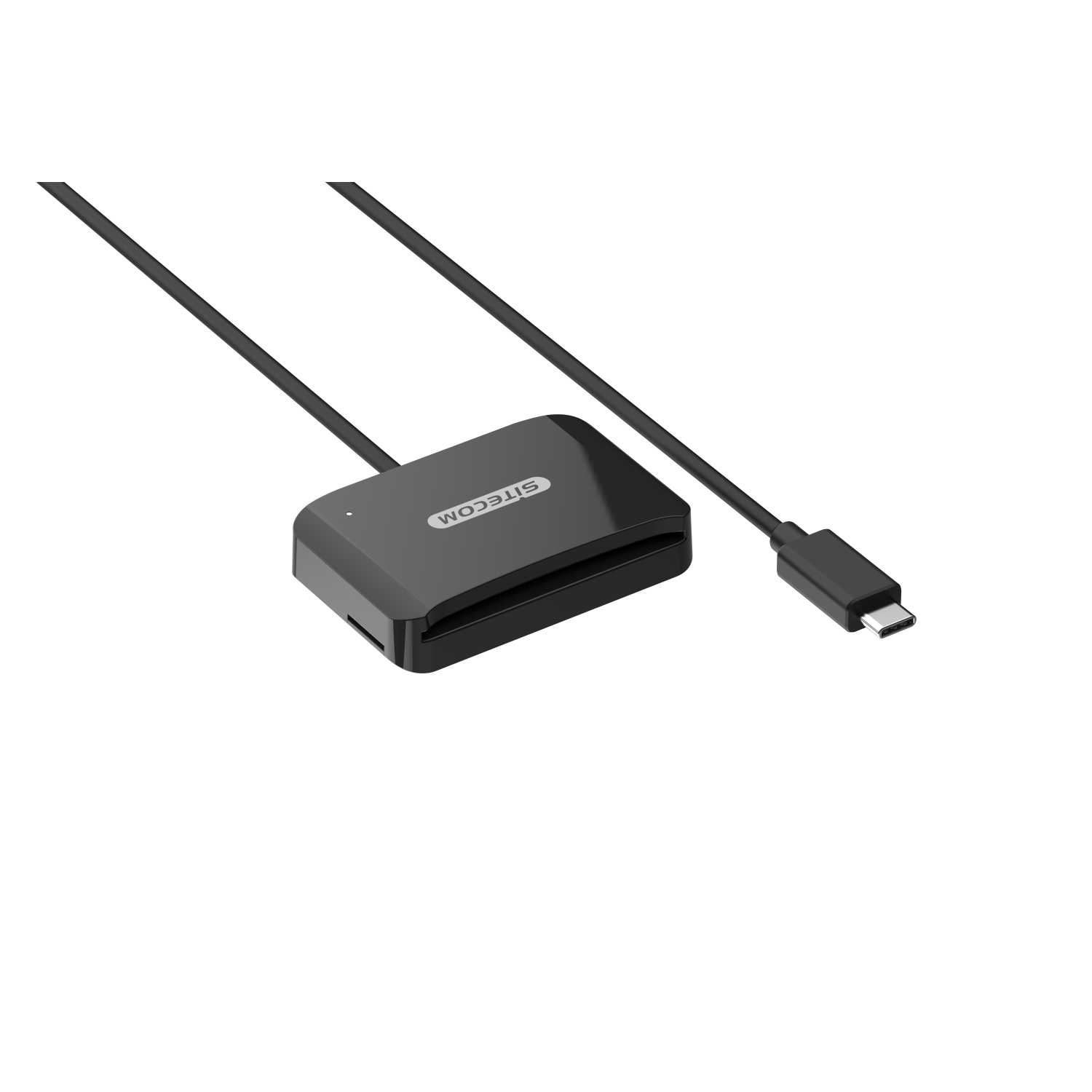 Schwarzer Sitecom Kartenleser mit schwarzem Kabel und USB-C Anschluss, auf schwarzem Hintergrund.