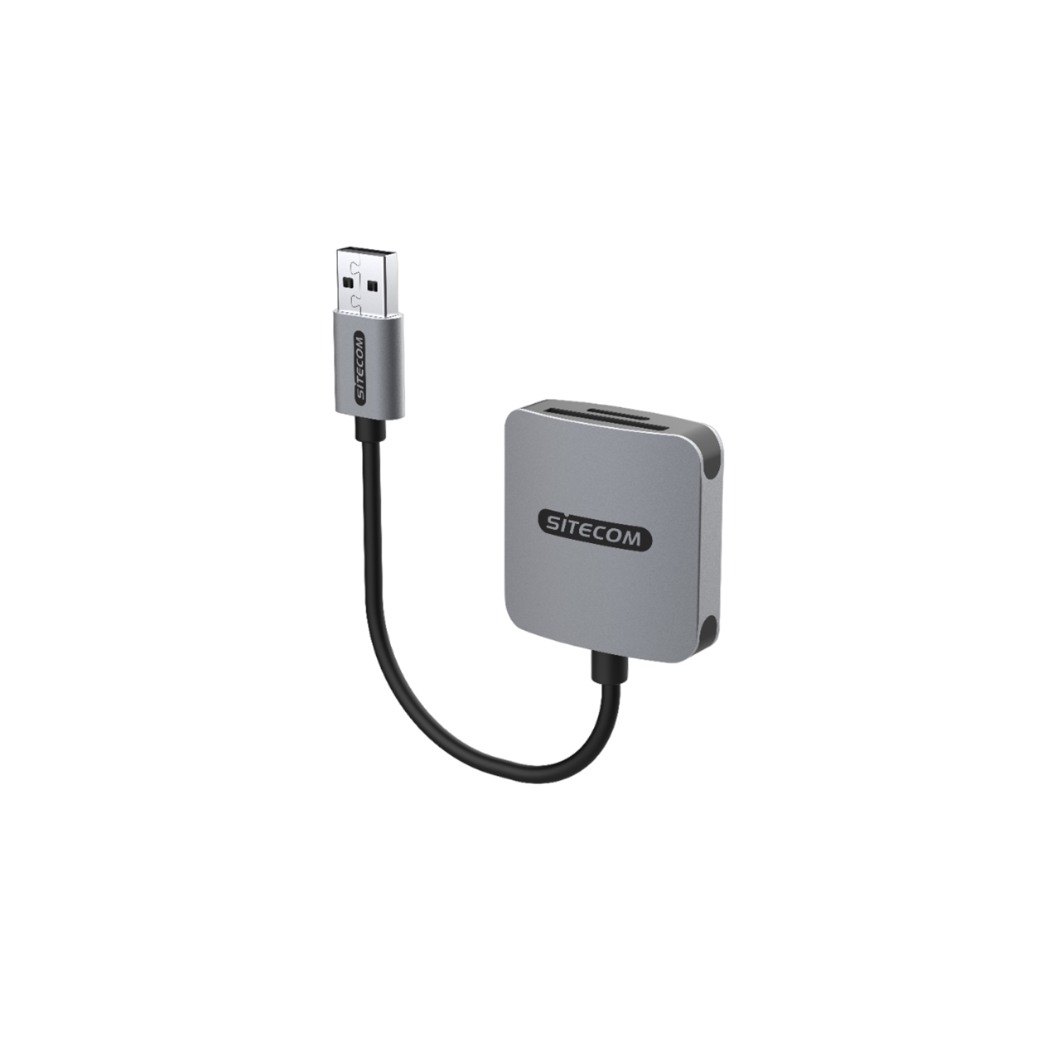 Un lettore di schede argentato con cavo USB su sfondo nero.