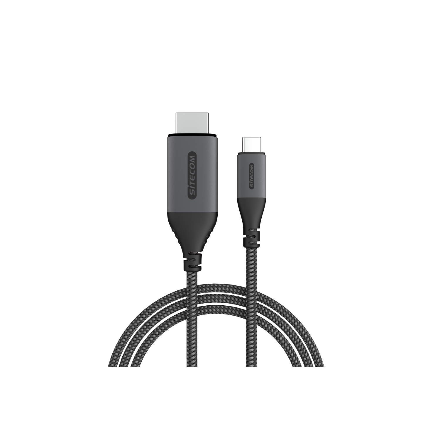 Un cavo da USB-C a USB-C grigio. Il cavo è su sfondo nero.