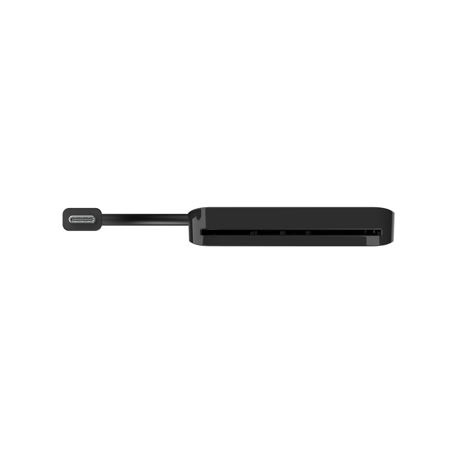 Schwarzer Kartenleser mit USB-C-Anschluss, vor schwarzem Hintergrund.