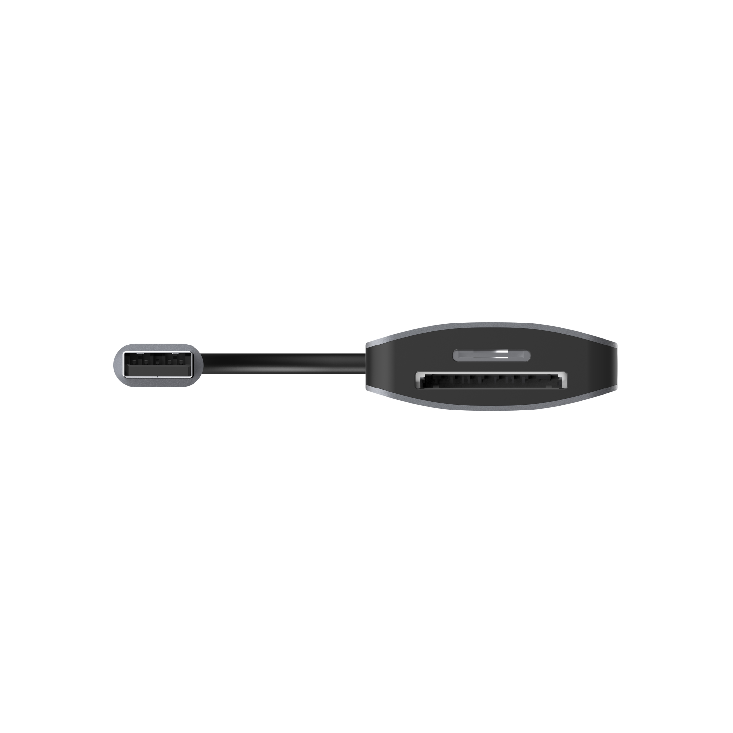 Un lettore multi-card argento con un connettore USB collegato tramite un cavo corto.