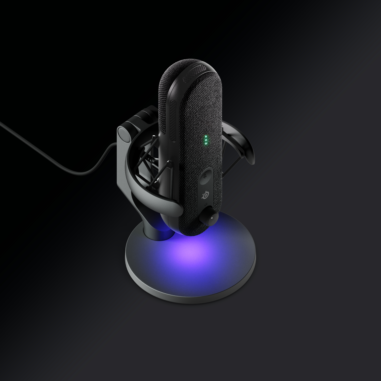 Microfono nero con luci LED verdi su un supporto rotondo con luce blu. Sfondo nero.