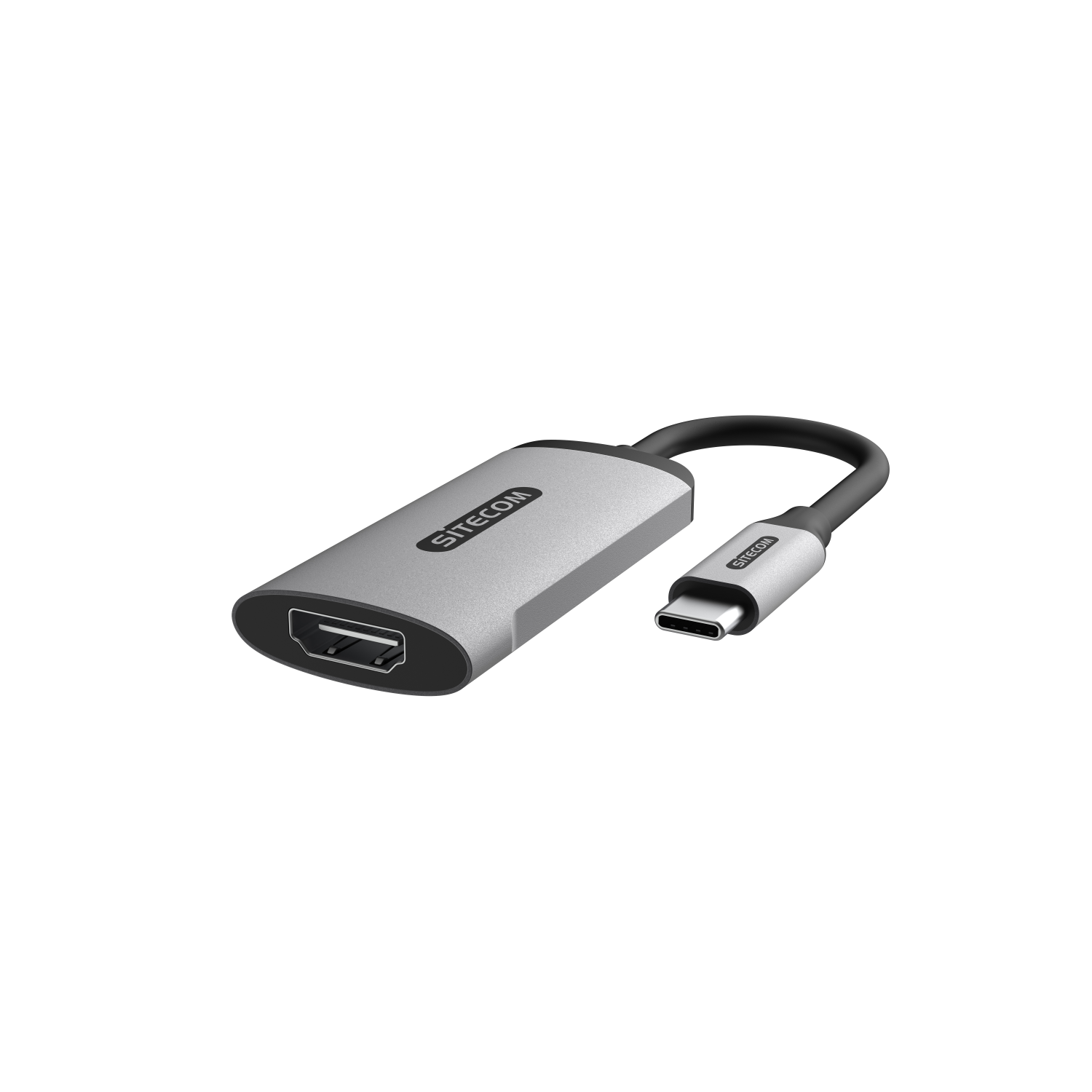 Un cavo adattatore da HDMI a USB-C argentato su sfondo nero.