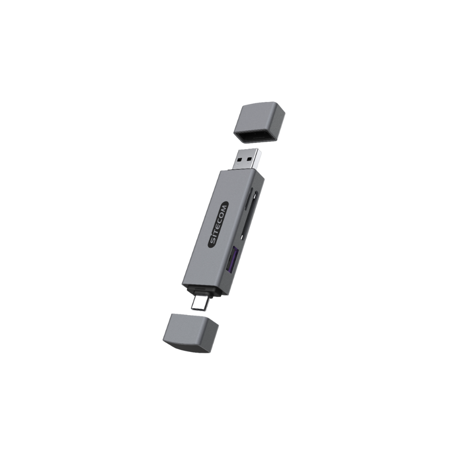 Grauer USB-Kartenleser mit SITECOM-Logo, mit zwei abnehmbaren Kappen.