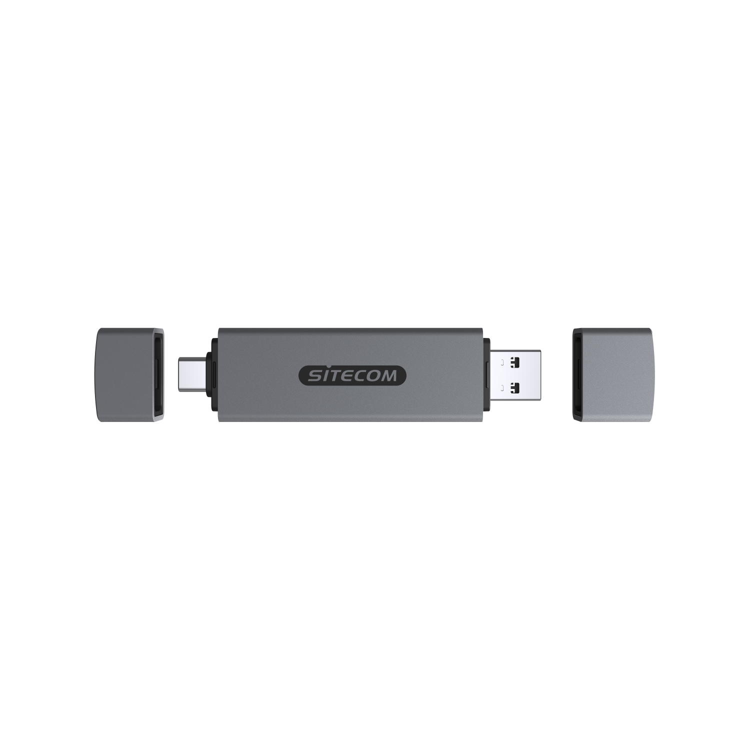 Ein grauer Sitecom USB-Stick mit Kappen an beiden Enden.