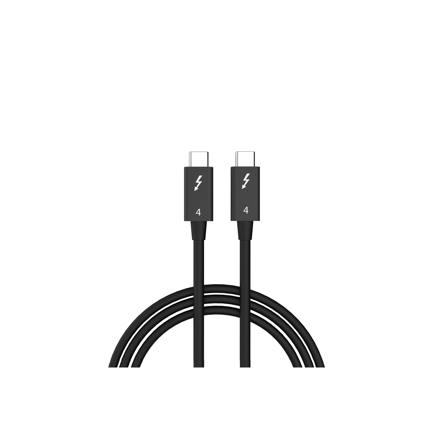 Cavo USB-C nero con simbolo thunderbolt e '4' su sfondo bianco.
