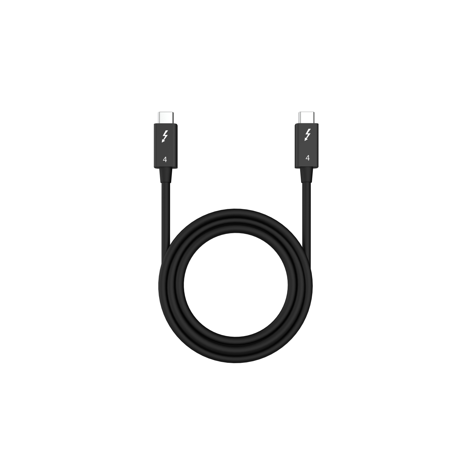 Cavo Thunderbolt 4 nero, connettori a ciascuna estremità, arrotolato. Simbolo fulmine sui connettori.