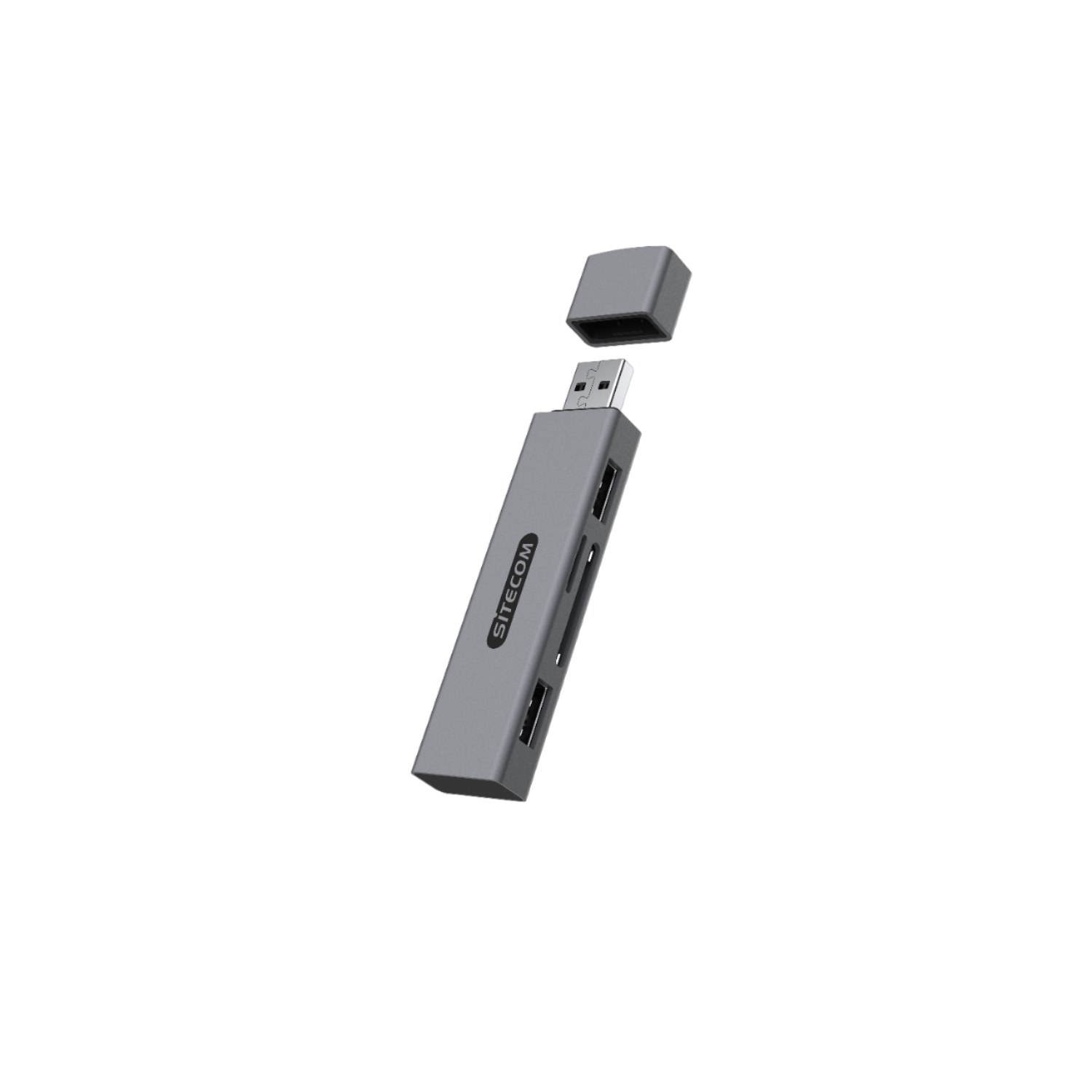 USB-Hub mit mehreren Anschlüssen, mit geöffneter Kappe.