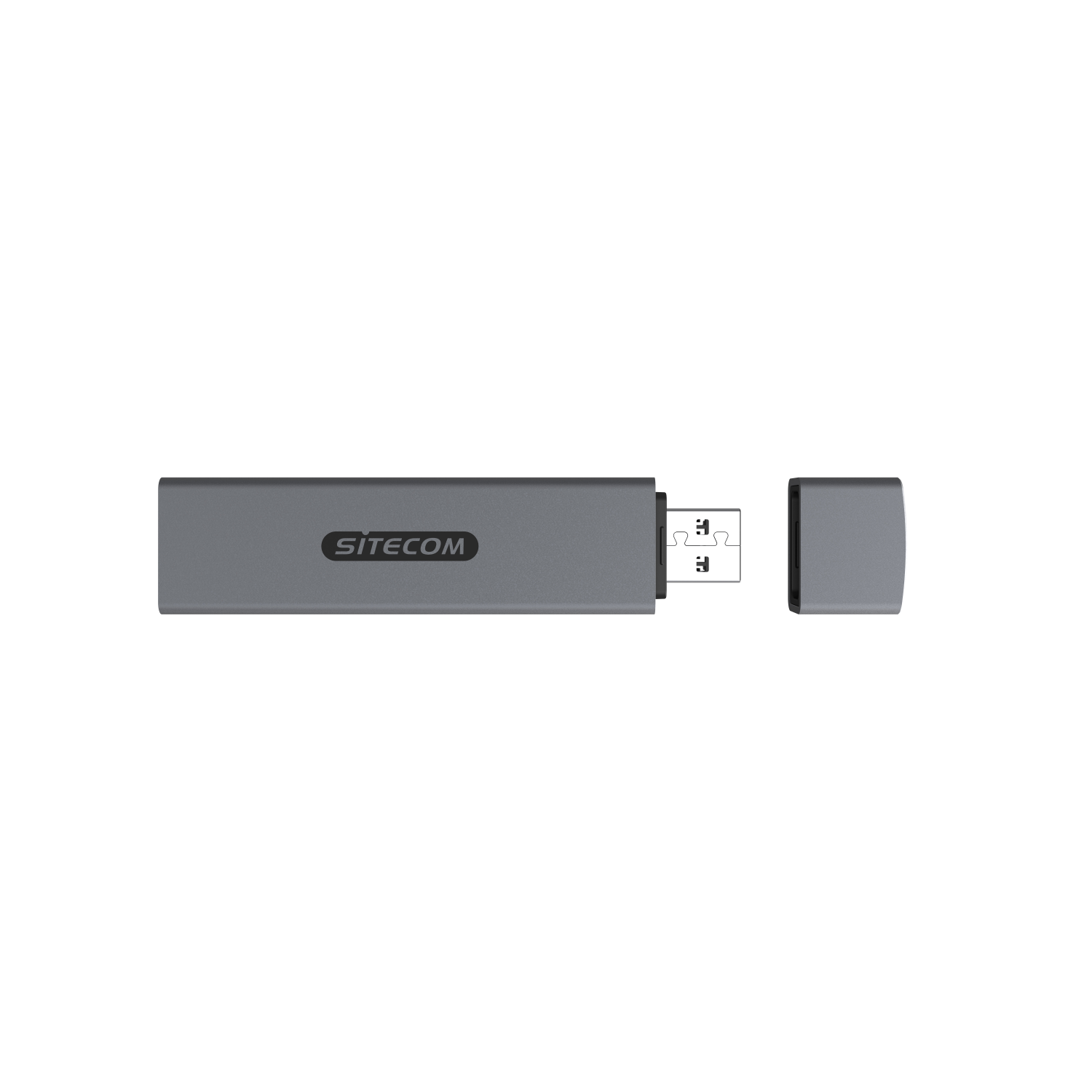 Grauer Sitecom USB-Adapter. Ein Teil im Fokus, der andere getrennt. Schwarzer Hintergrund.