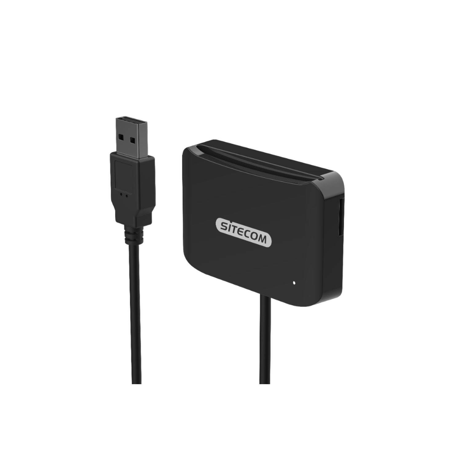 Lettore di schede SITECOM nero con cavo USB, su sfondo nero.