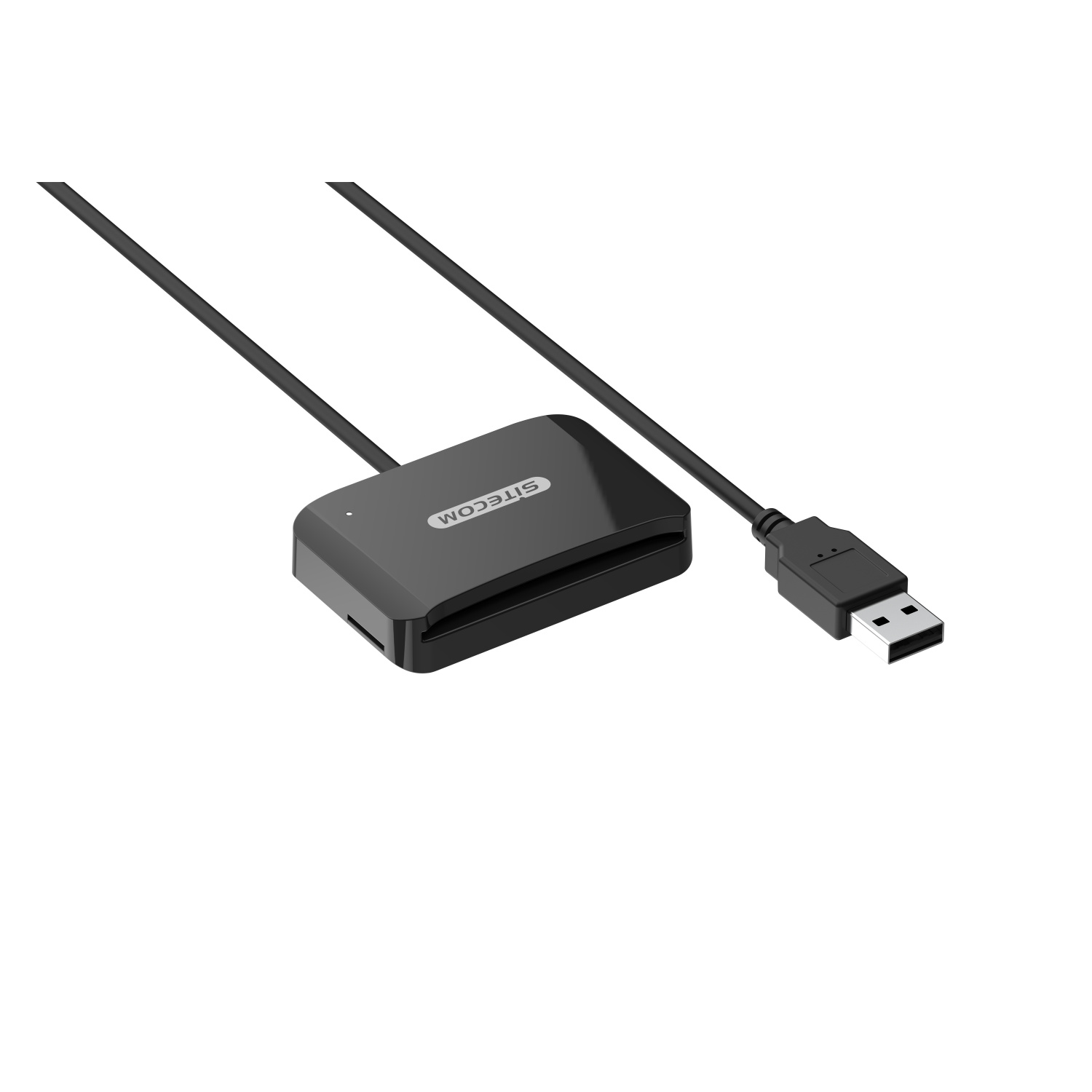Lettore di schede SD SITECOM nero con connettore USB-A. Alloggiamento nero e grigio.