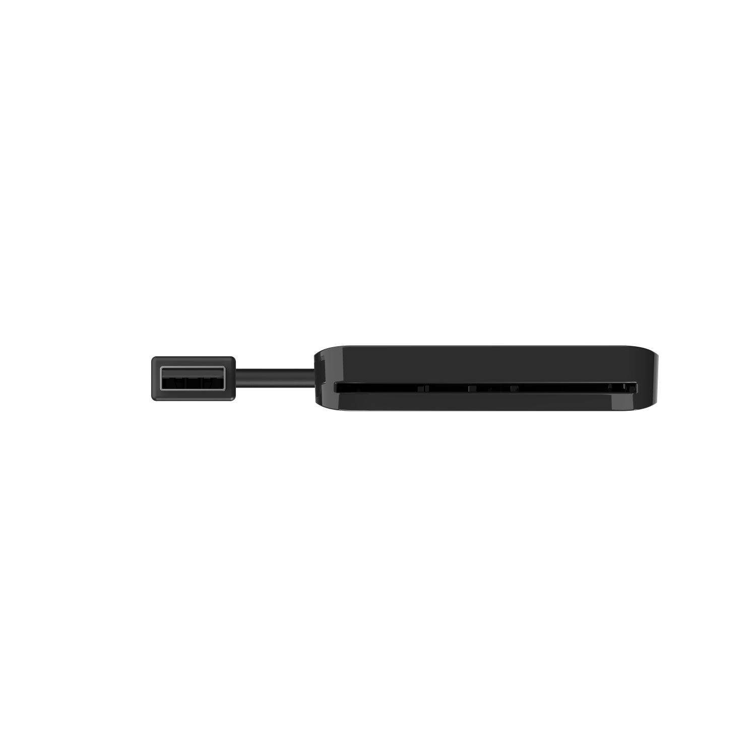Un lettore di schede USB nero con cavo e estremità USB.
