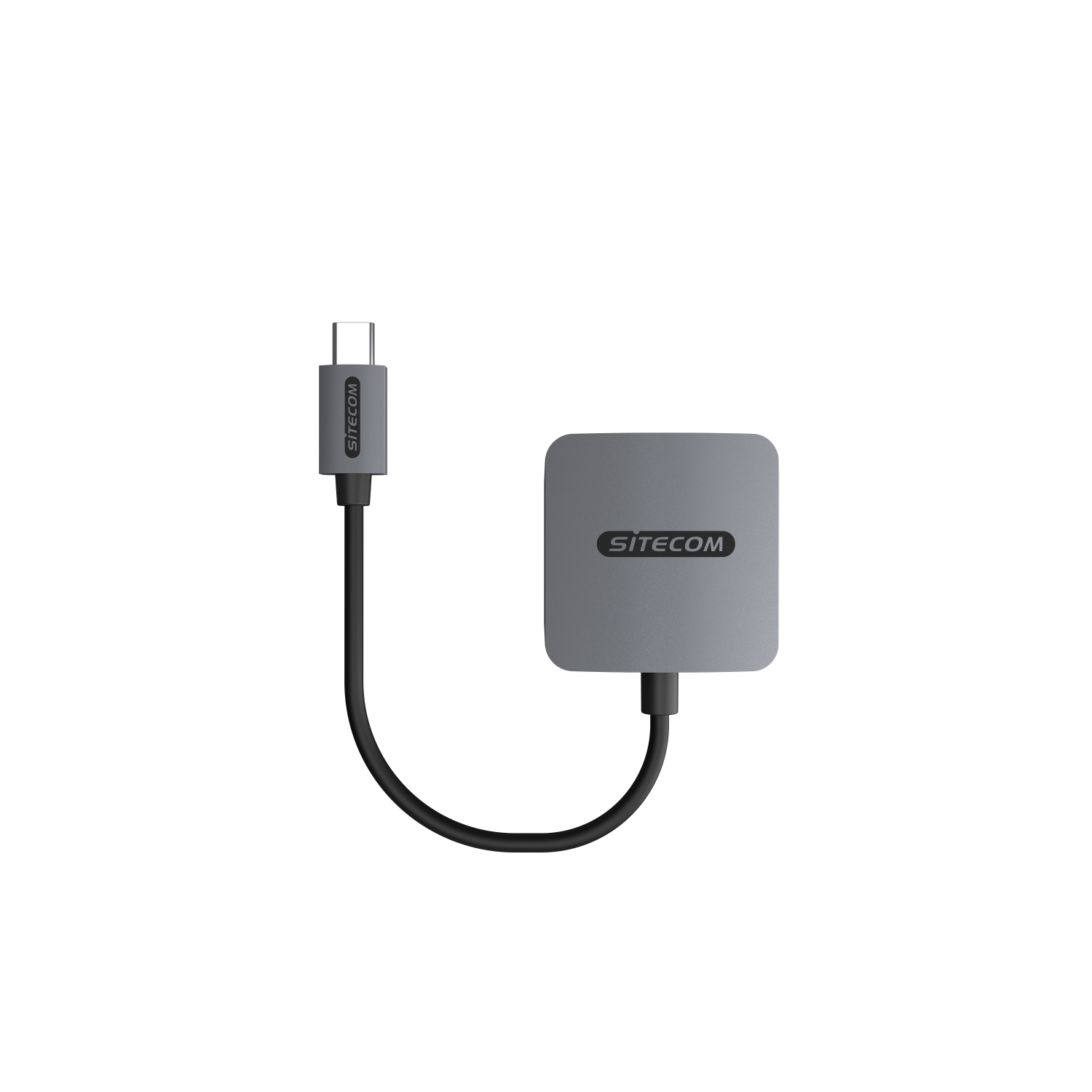 Adattatore USB-C a USB-C SITECOM argentato. Cavo nero, connettori grigi.