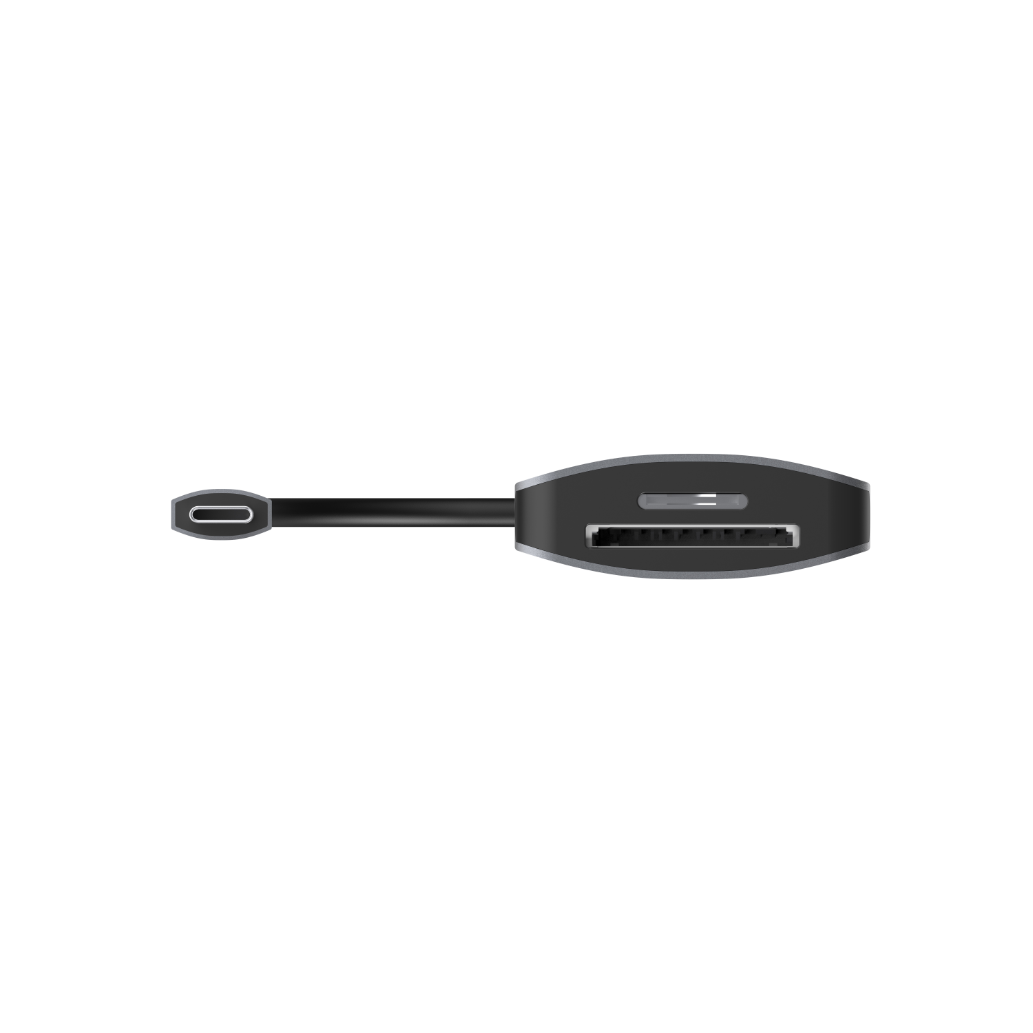 Adattatore USB-C nero e grigio con slot per scheda SD su nero.