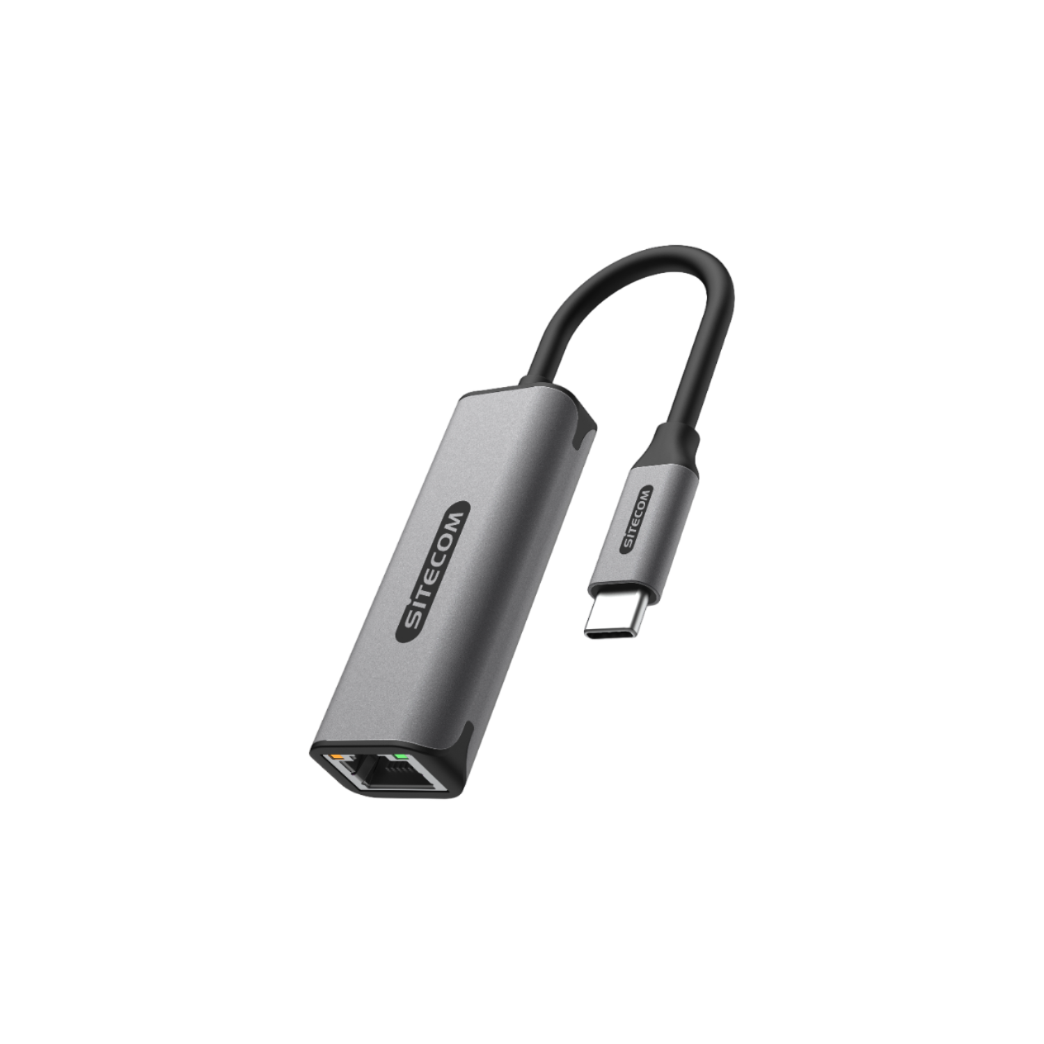 Grauer USB-C-auf-Ethernet-Adapter mit SITECOM-Etikett. Das Kabel ist schwarz.