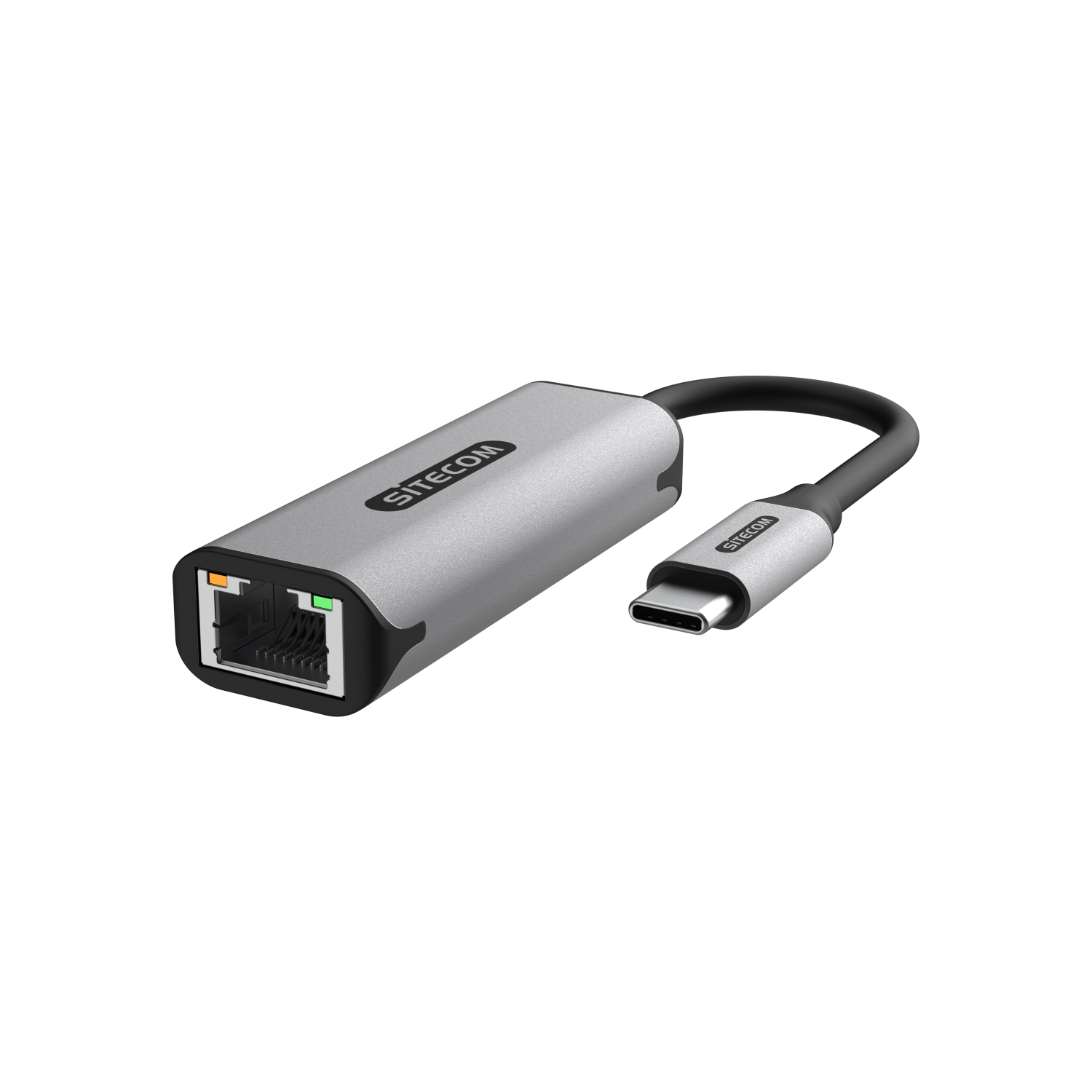 Silberner Adapter mit schwarzem Kabel und USB-C-Anschluss.