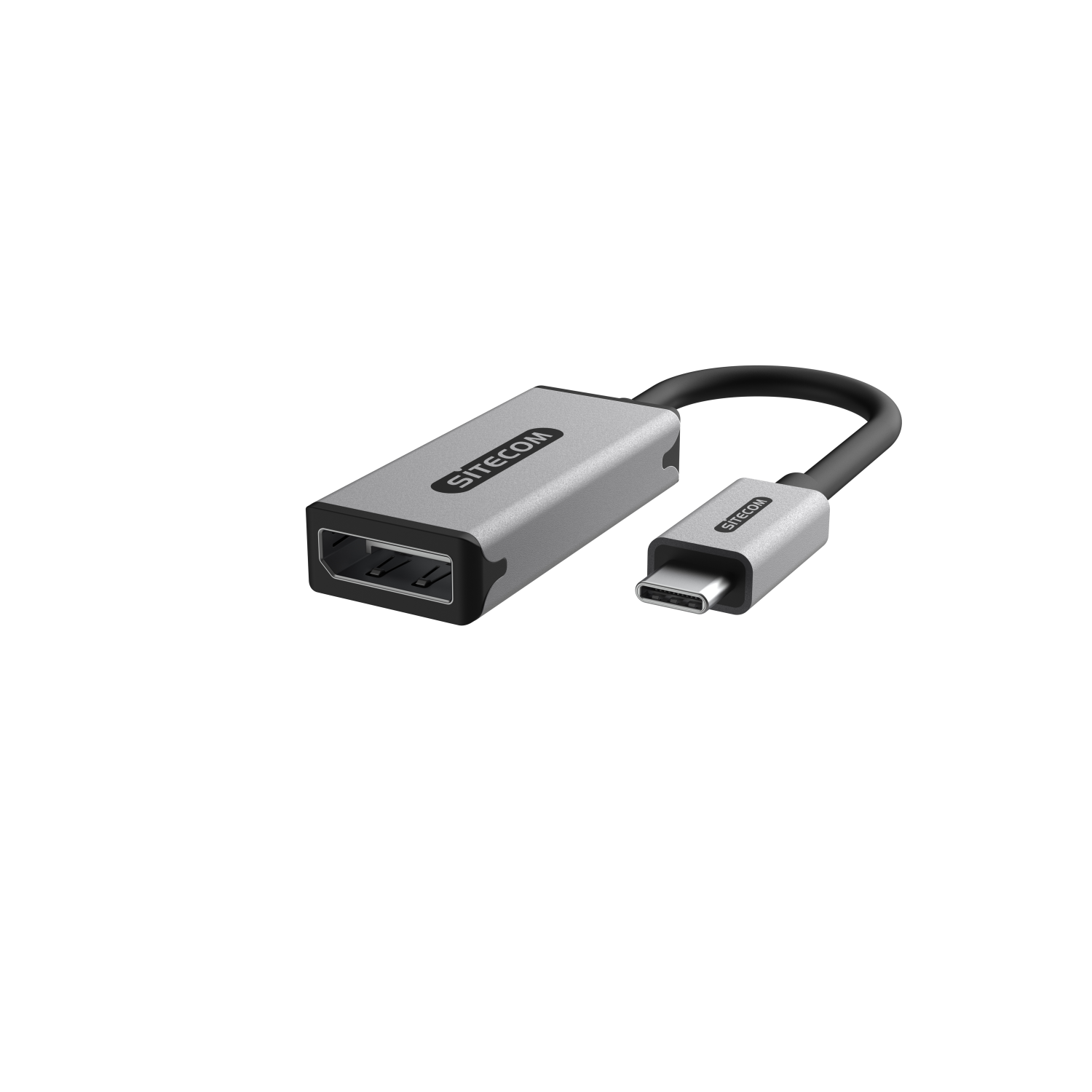 Adattatore argento con porta HDMI e USB-C, logo SITECOM visibile. Cavo nero.