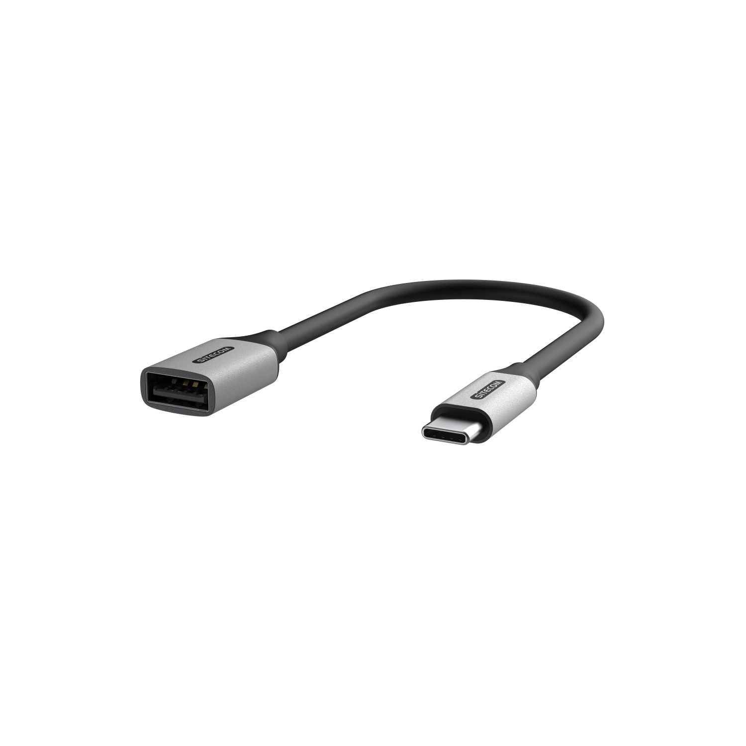 Grauer USB-zu-USB-C-Adapter mit SITECOM-Etikett. Das Kabel ist schwarz.