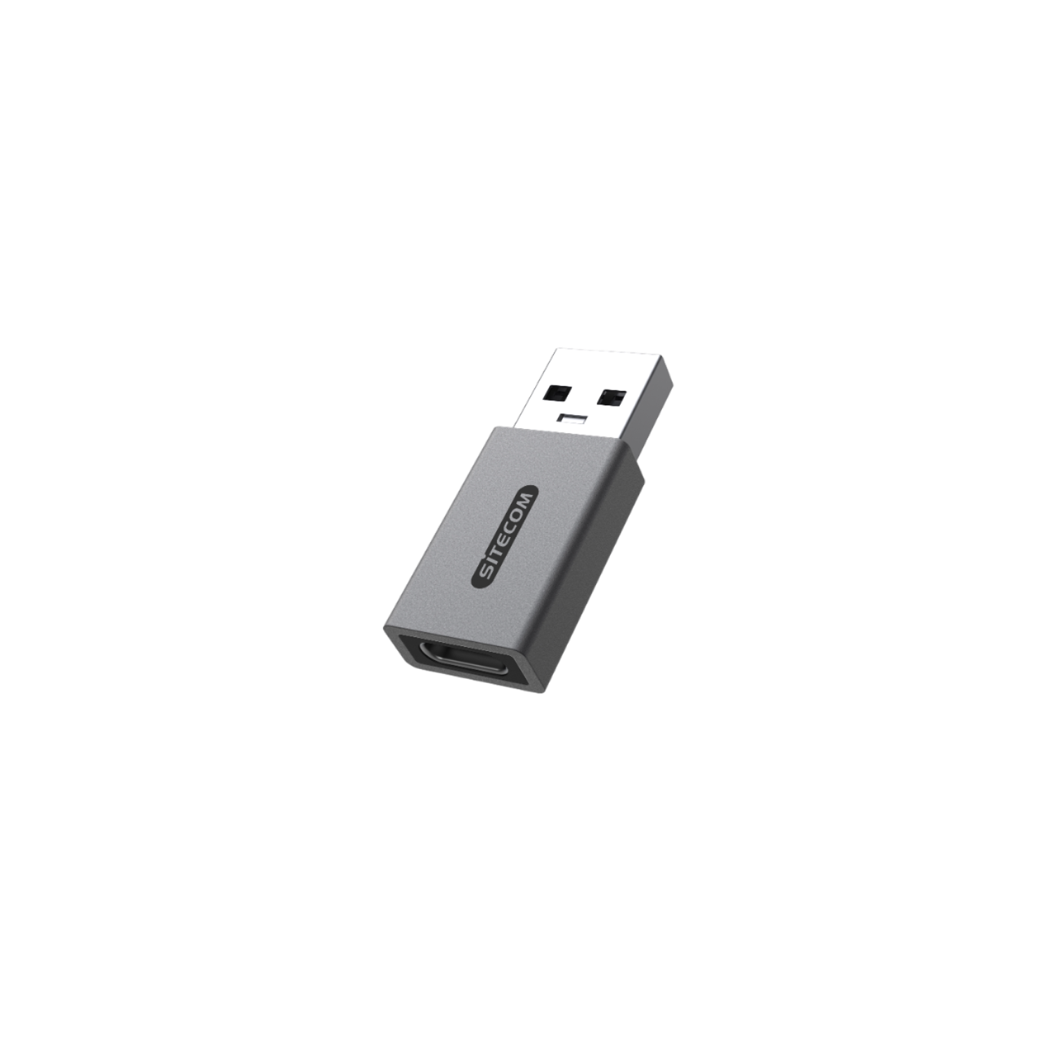 Grauer Sitecom-Adapter mit USB-C-Anschluss. Isoliert auf schwarzem Hintergrund.