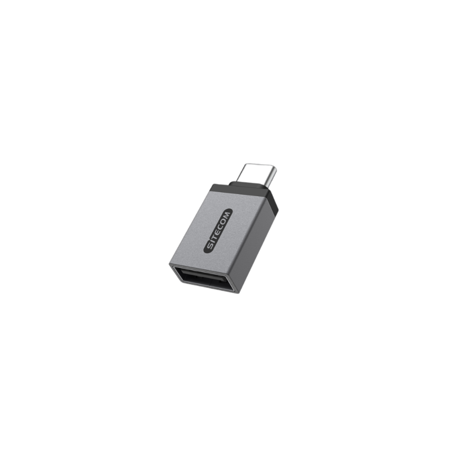 Ein silberner USB-C-Adapter mit dem SITECOM-Logo auf schwarzem Hintergrund.