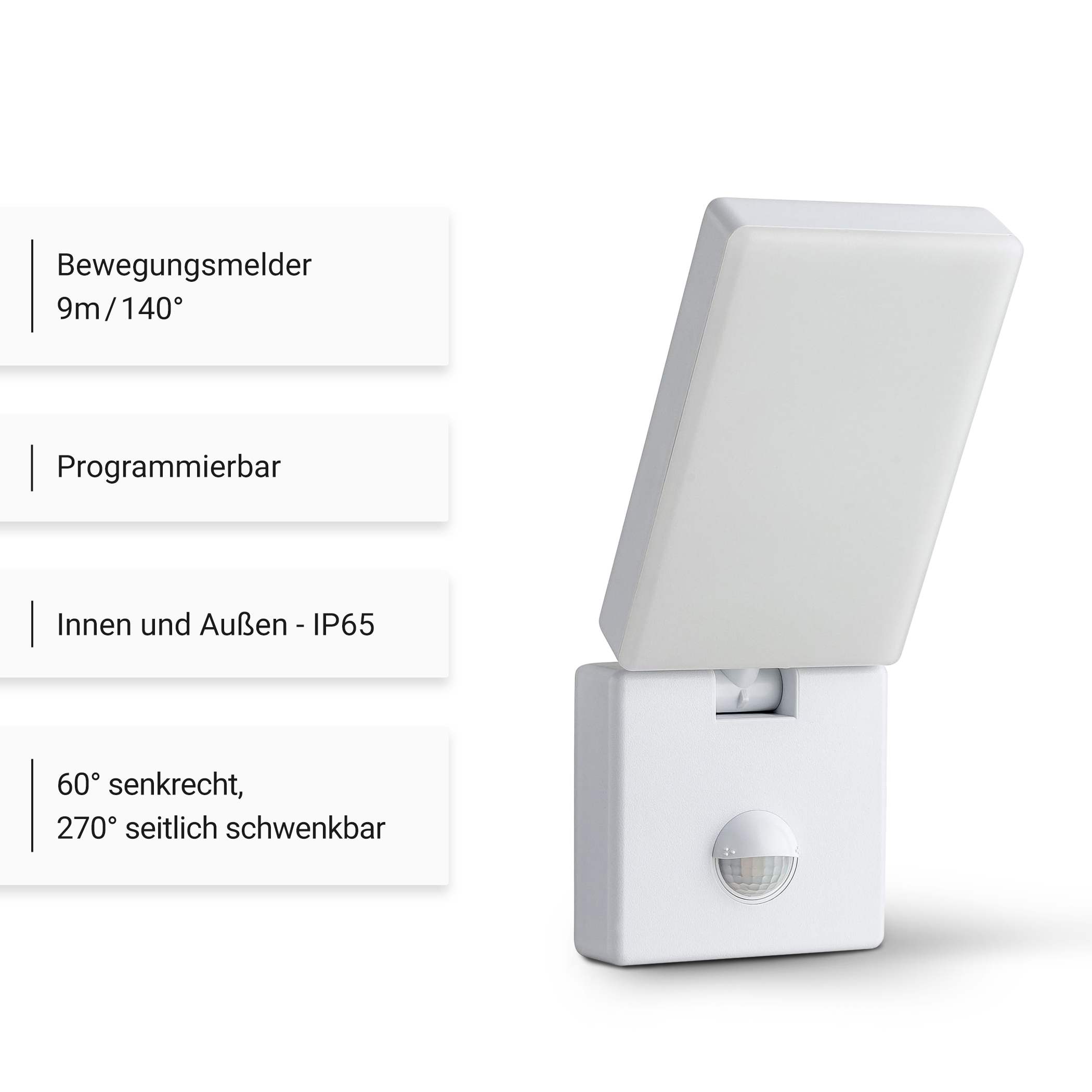 Weiße Außenleuchte mit Bewegungssensor. Es befindet sich auf weißem Hintergrund, mit Textbeschreibung.