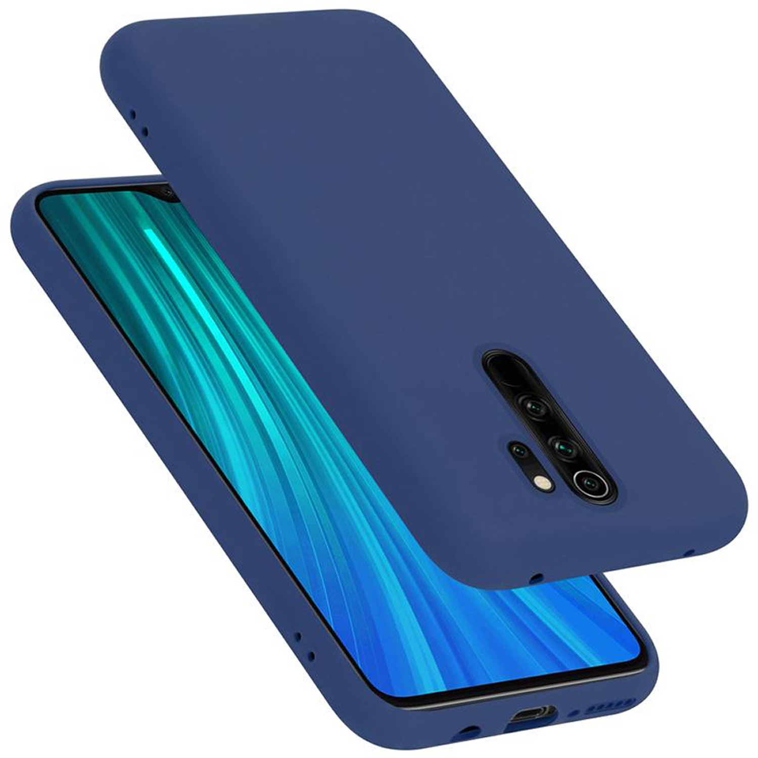 Un telefono blu con custodia e una custodia separatamente.