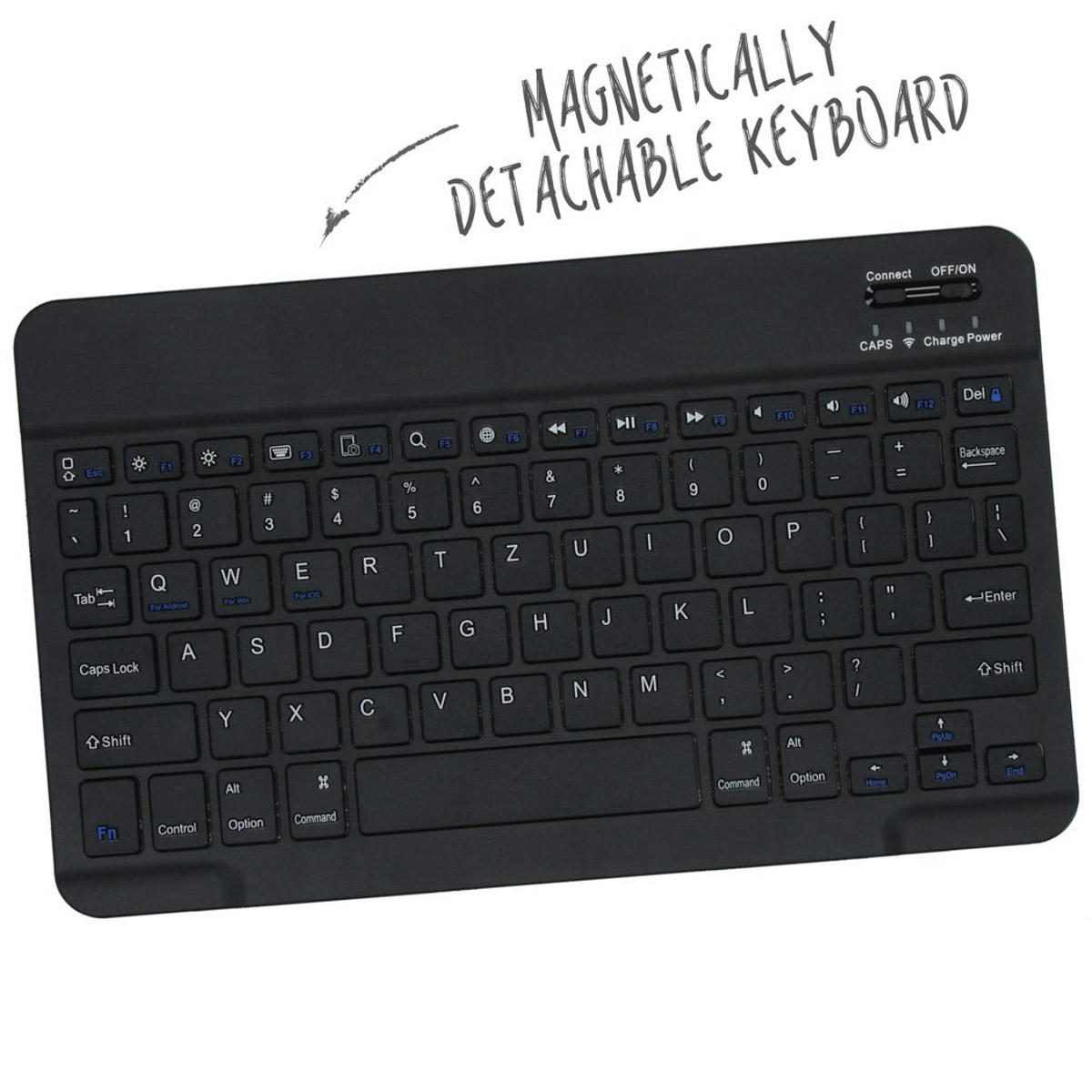 Zwart magnetisch afneembaar toetsenbord met QWERTY-indeling. Rechtsboven bevinden zich aan/uit/connectie-knoppen.