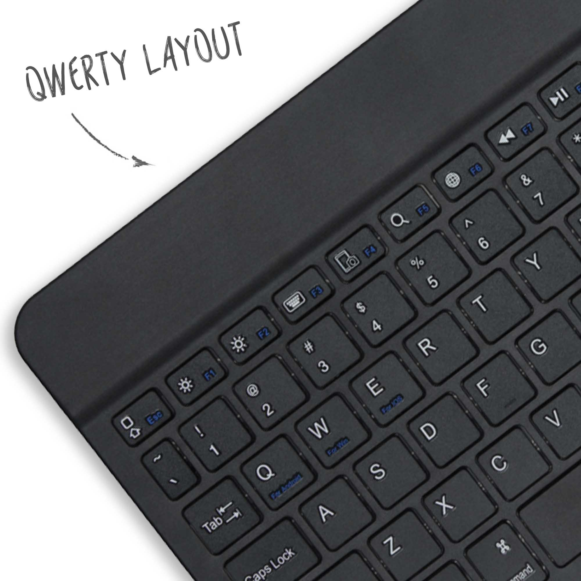 Close-up of a black keyboard, showing QWERTY layout and keys.