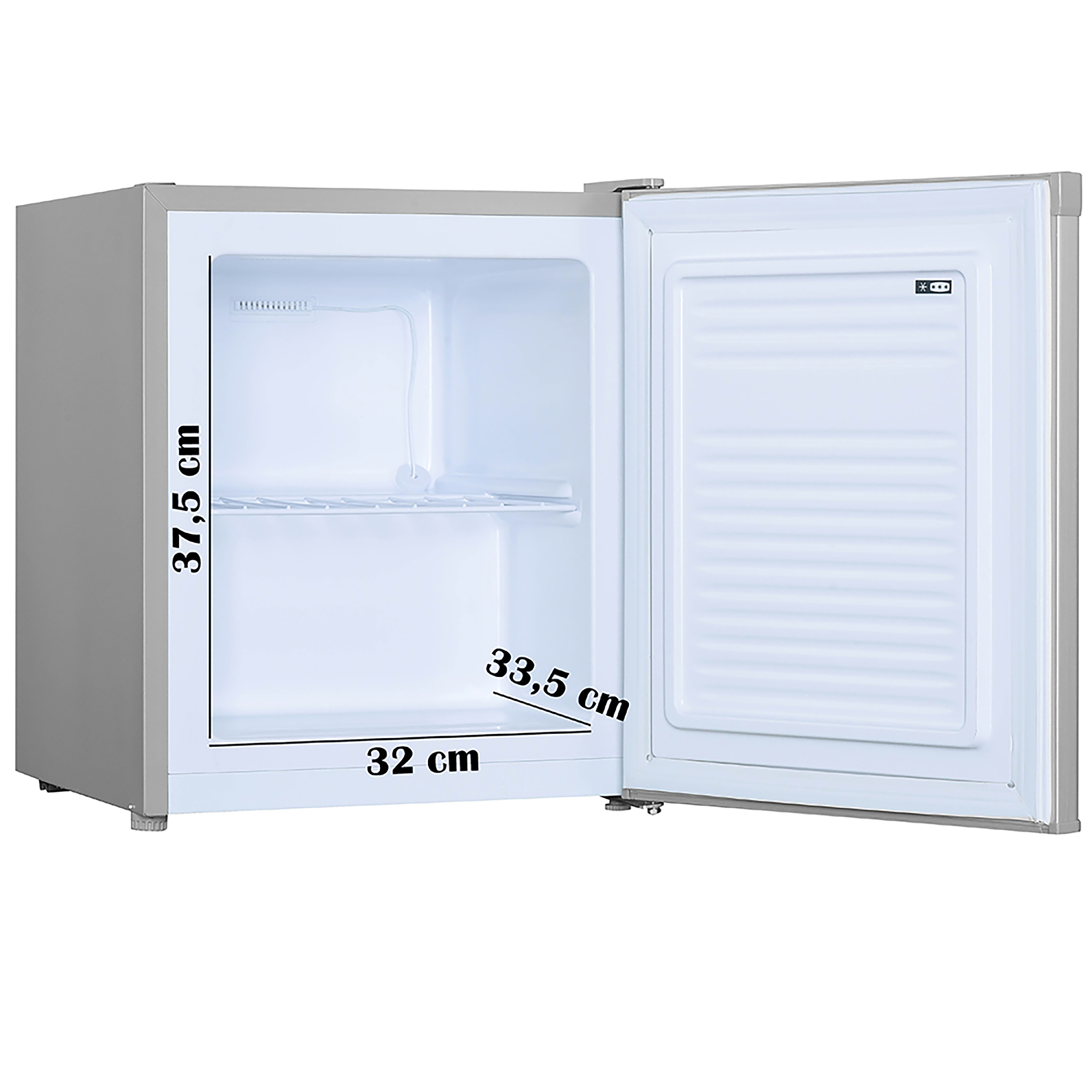 Silberner Kühlschrank mit offener Tür. Abmessungen sind im Inneren beschriftet; 37,5cm hoch, 33,5cm breit, 32cm tief.