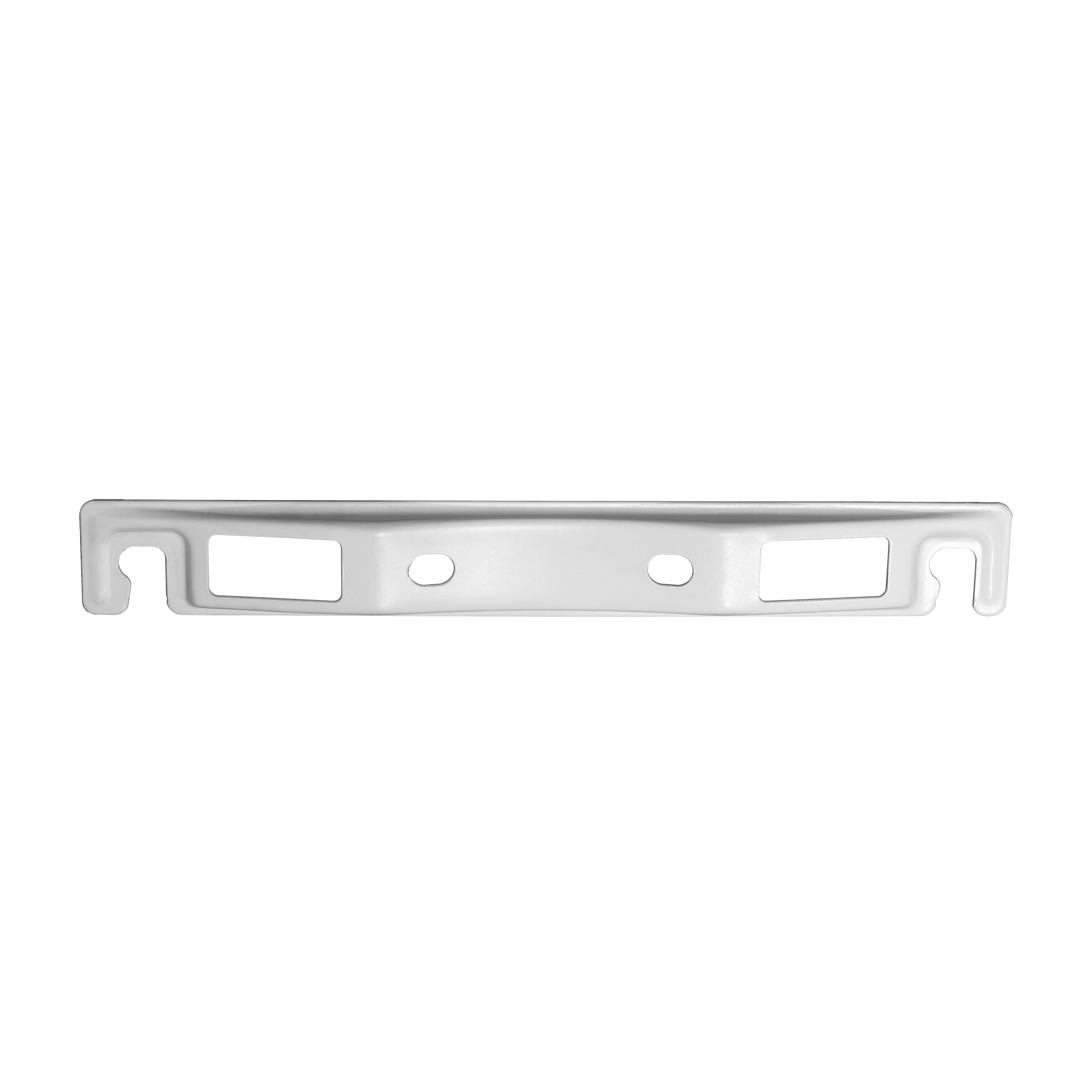 Dispositivo blanco rectangular en forma de barra con agujeros. Fondo blanco.