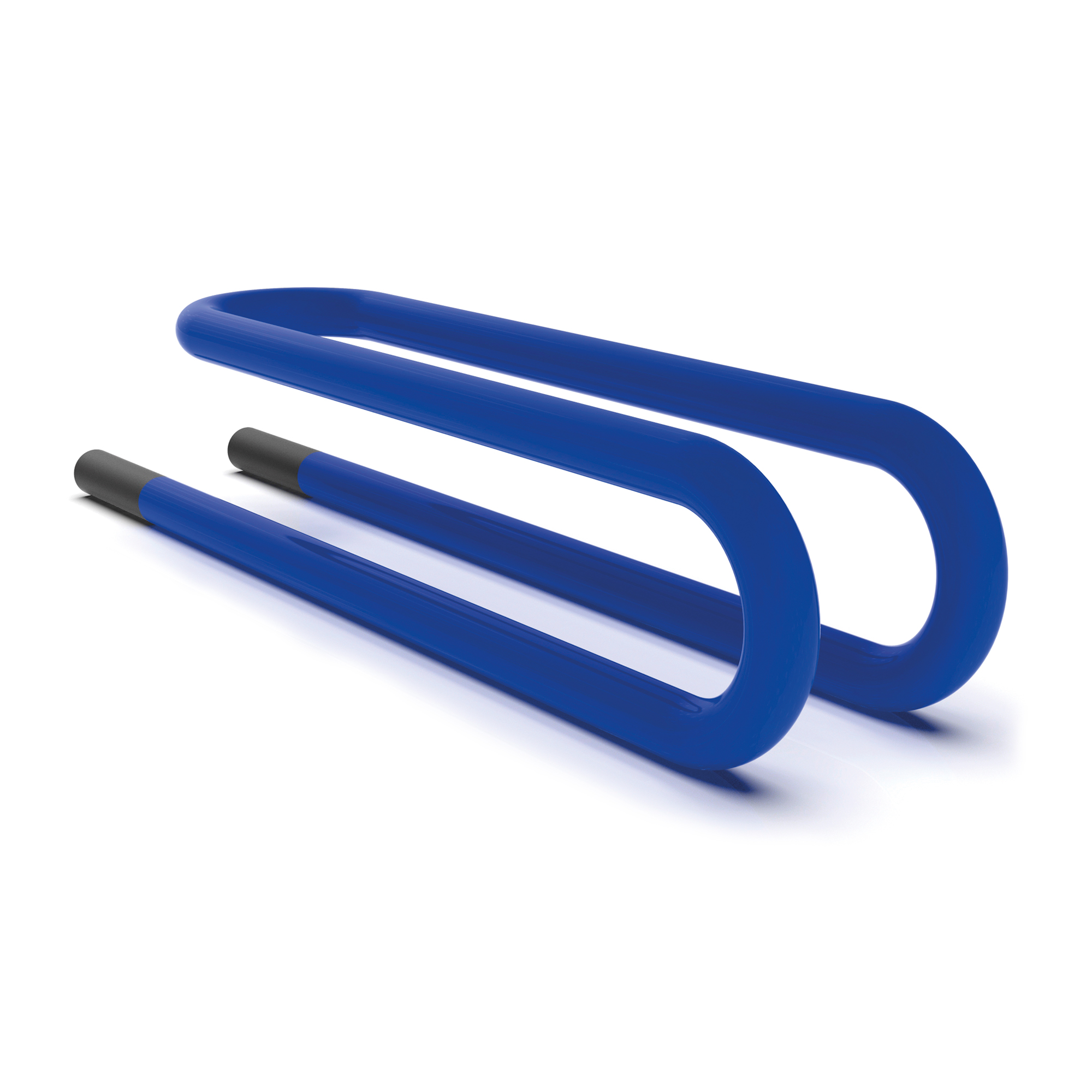 Soporte de barra de metal azul. Dos barras paralelas con extremos grises oscuros.